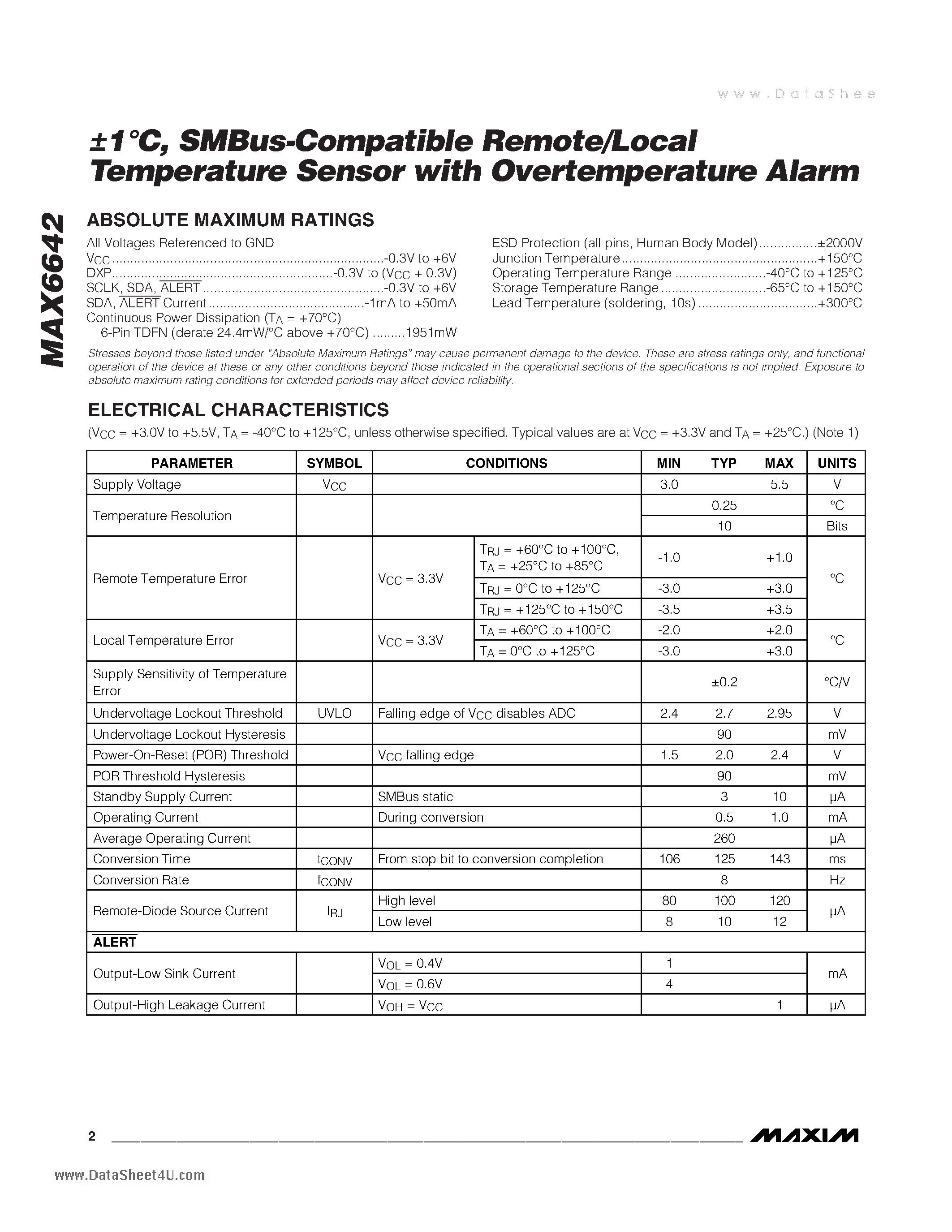 Даташит MAX6642 - SMBus-Compatible Remote/Local Temperature Sensor страница 2