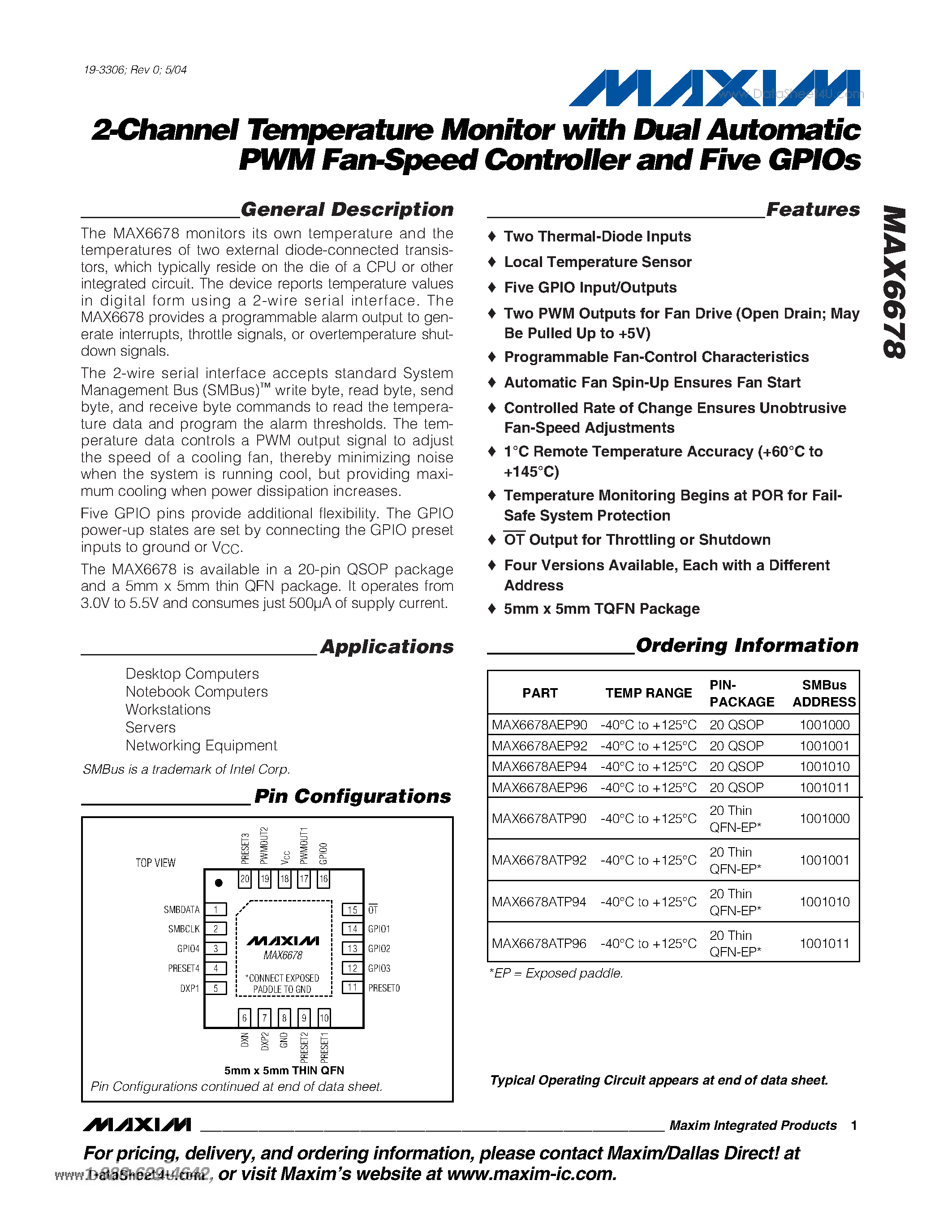 Datasheet MAX6678 - 2-Channel Temperature Monitor page 1