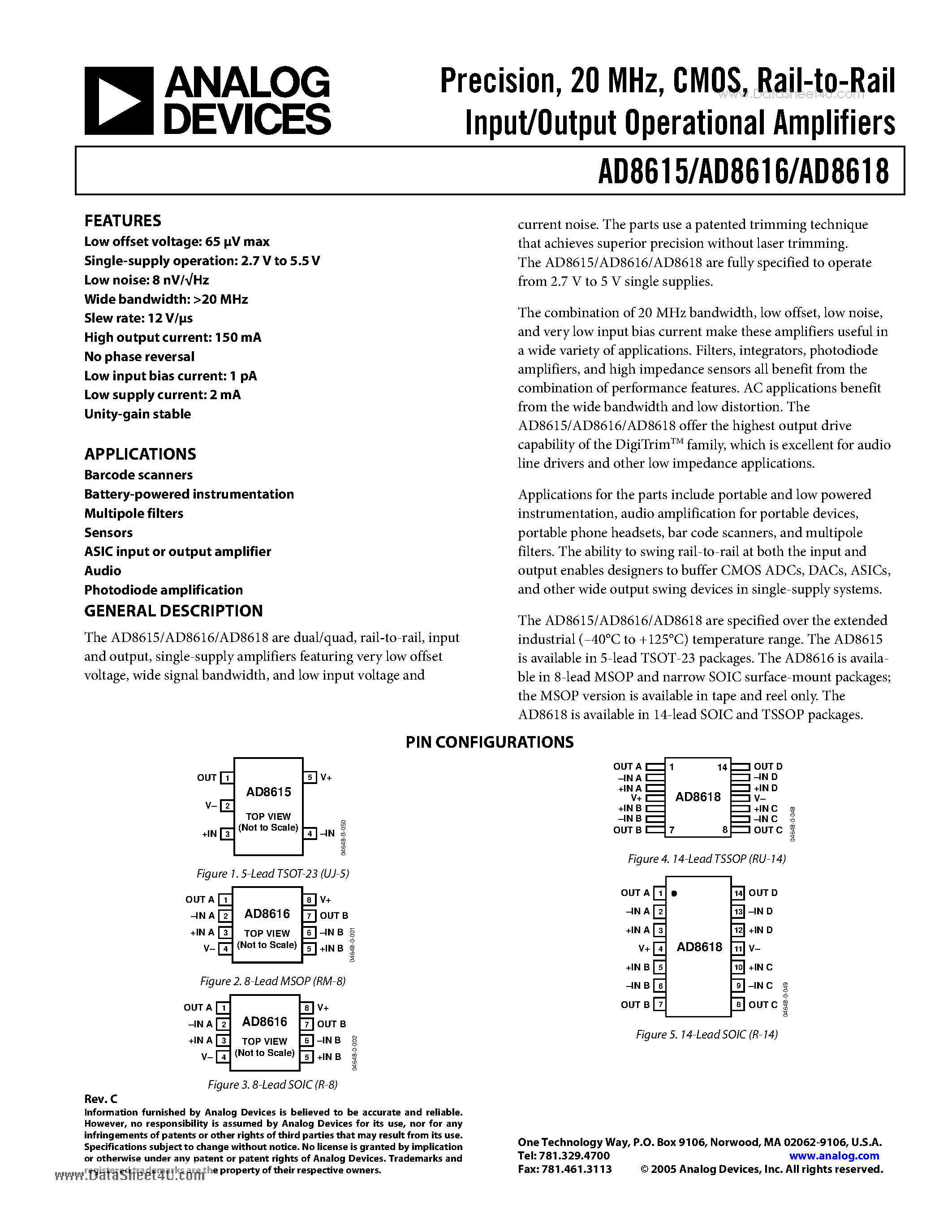 Datasheet AD8615 - Precision 20 MHz CMOS Rail-to-Rail Input/Output Operational Amplifiers page 1