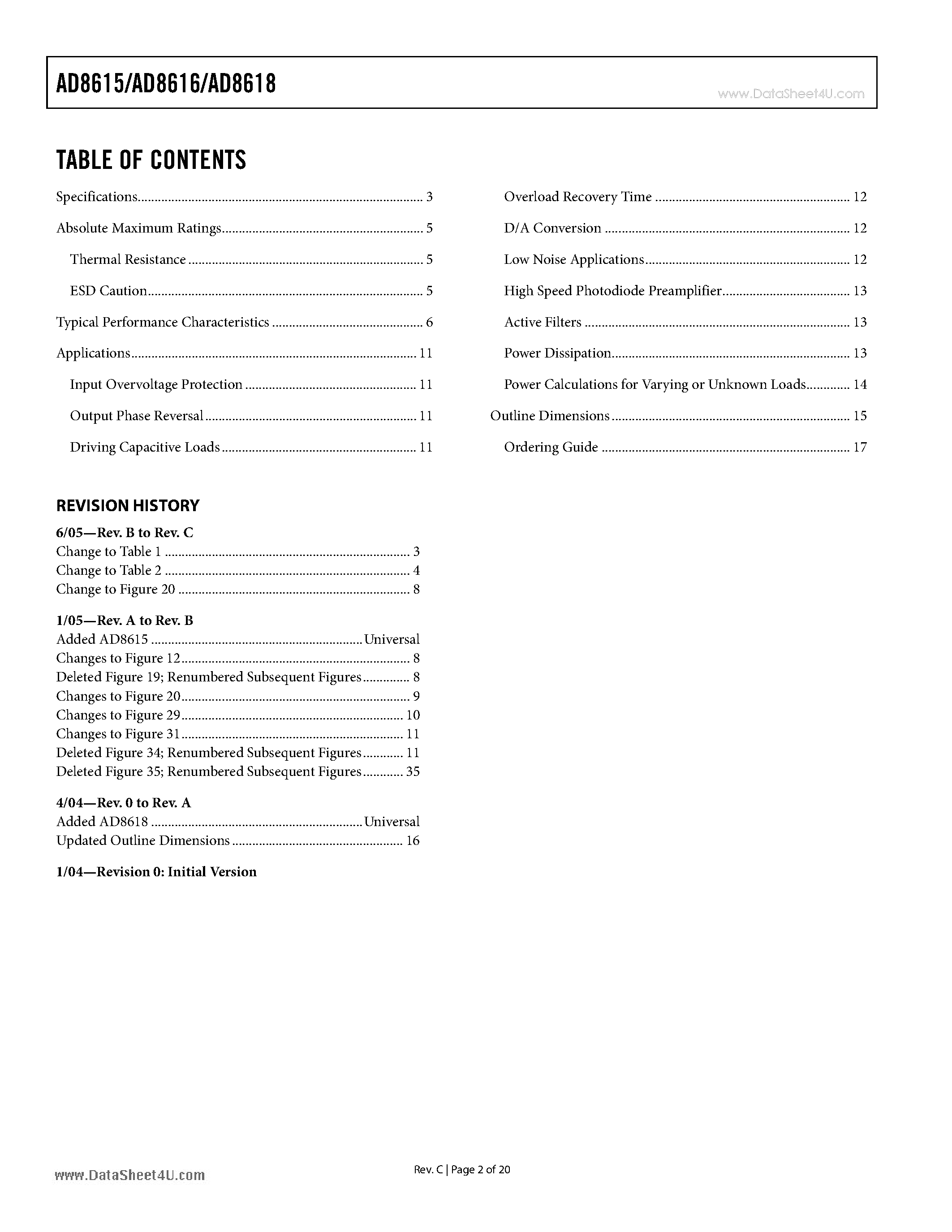 Datasheet AD8615 - Precision 20 MHz CMOS Rail-to-Rail Input/Output Operational Amplifiers page 2