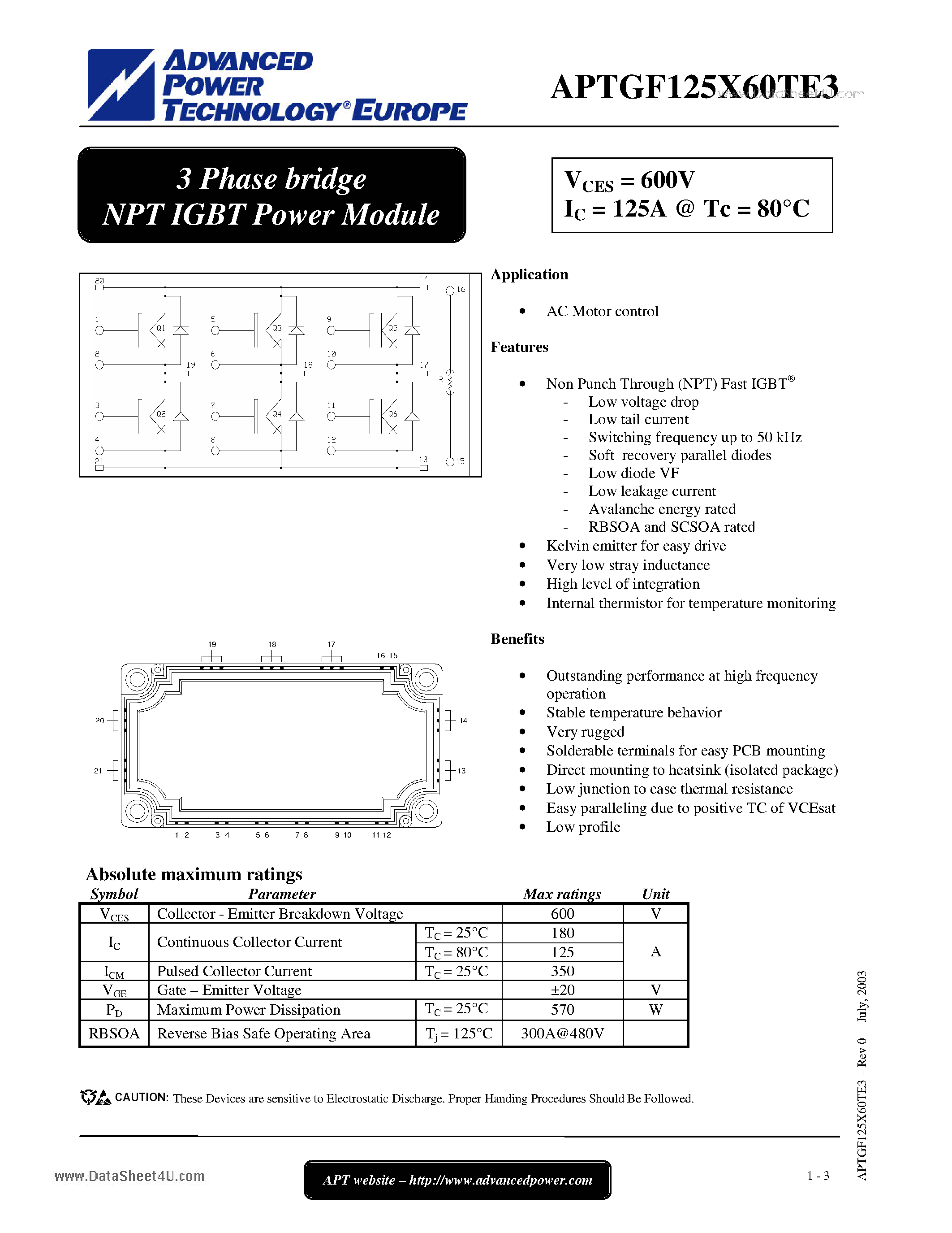 Datasheet APTGF125X60TE3 - 3 Phase bridge NPT IGBT Power Module page 1