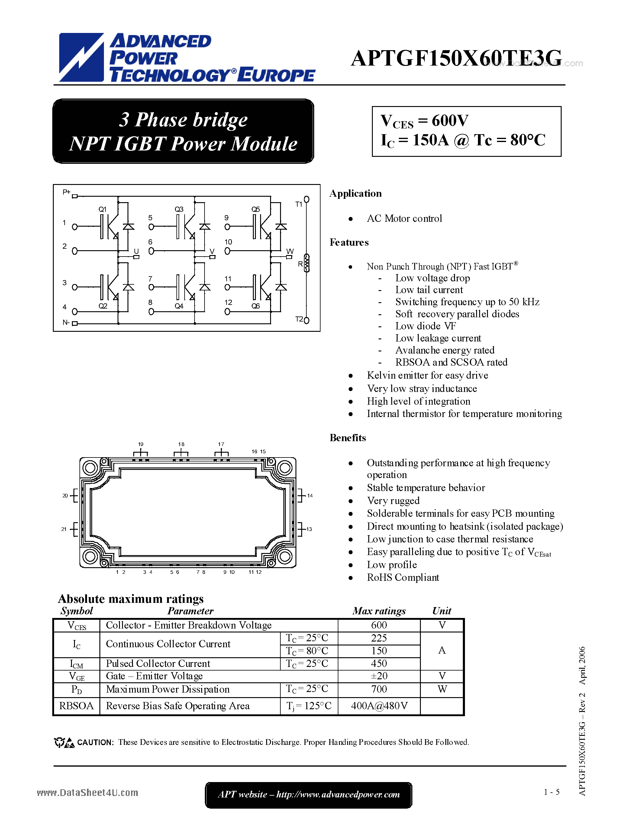 Datasheet APTGF150X60TE3G - 3 Phase bridge NPT IGBT Power Module page 1