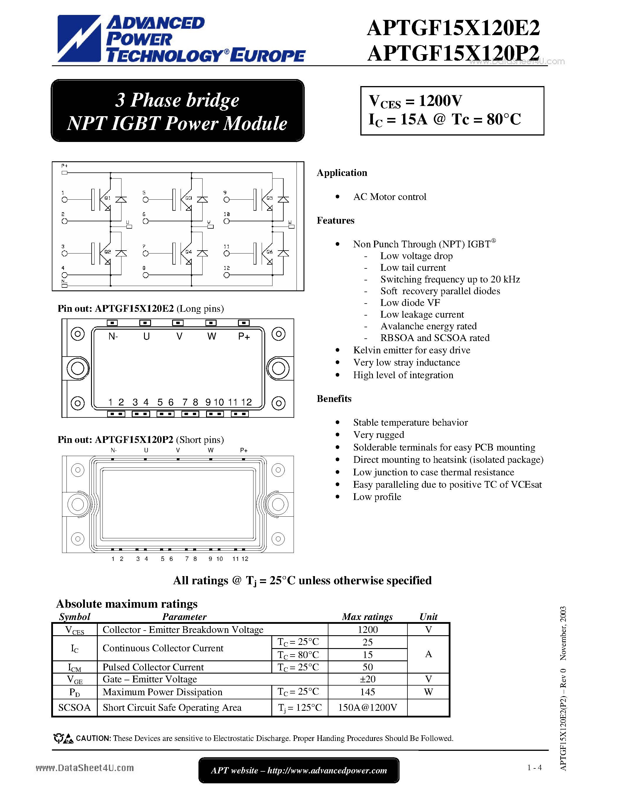 Datasheet APTGF15X120E2 - 3 Phase bridge NPT IGBT Power Module page 1