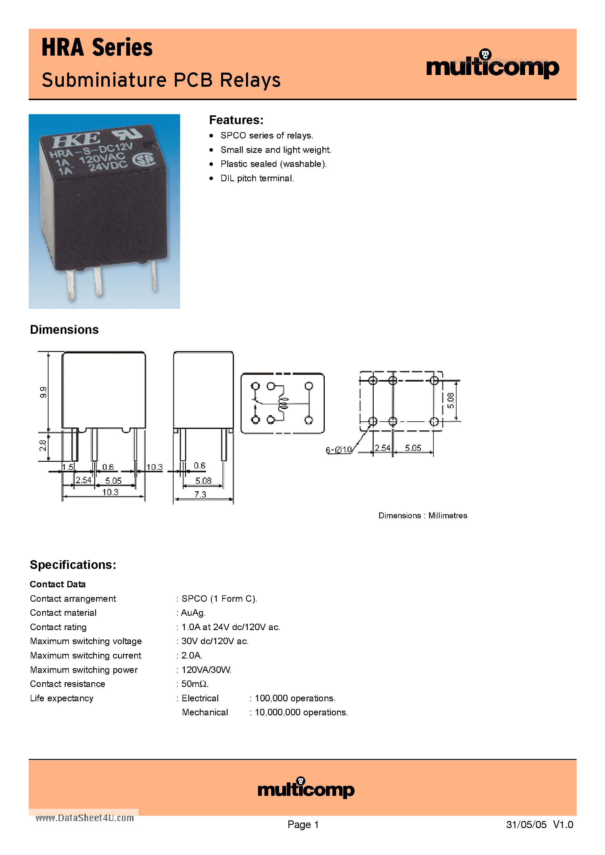 Datasheet HRA-S-DC12V page 1 Datasheet HRA-S-DC12V - Subminiature PCB Relays page 1