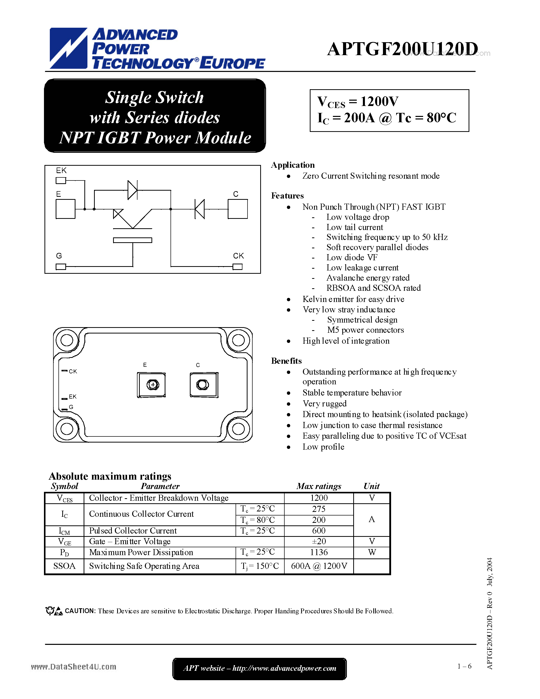 Даташит на микросхему APTGF200U120D страница 1 Даташит APTGF200U120D - Single Switch with Series diodes NPT IGBT Power Module страница 1