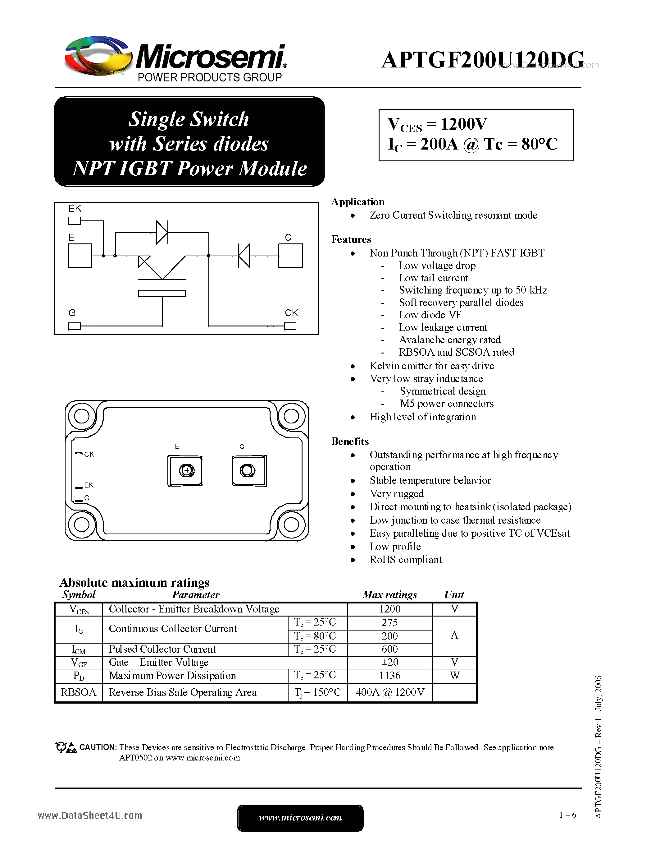 Даташит на микросхему APTGF200U120DG страница 1 Даташит APTGF200U120DG - Single Switch страница 1