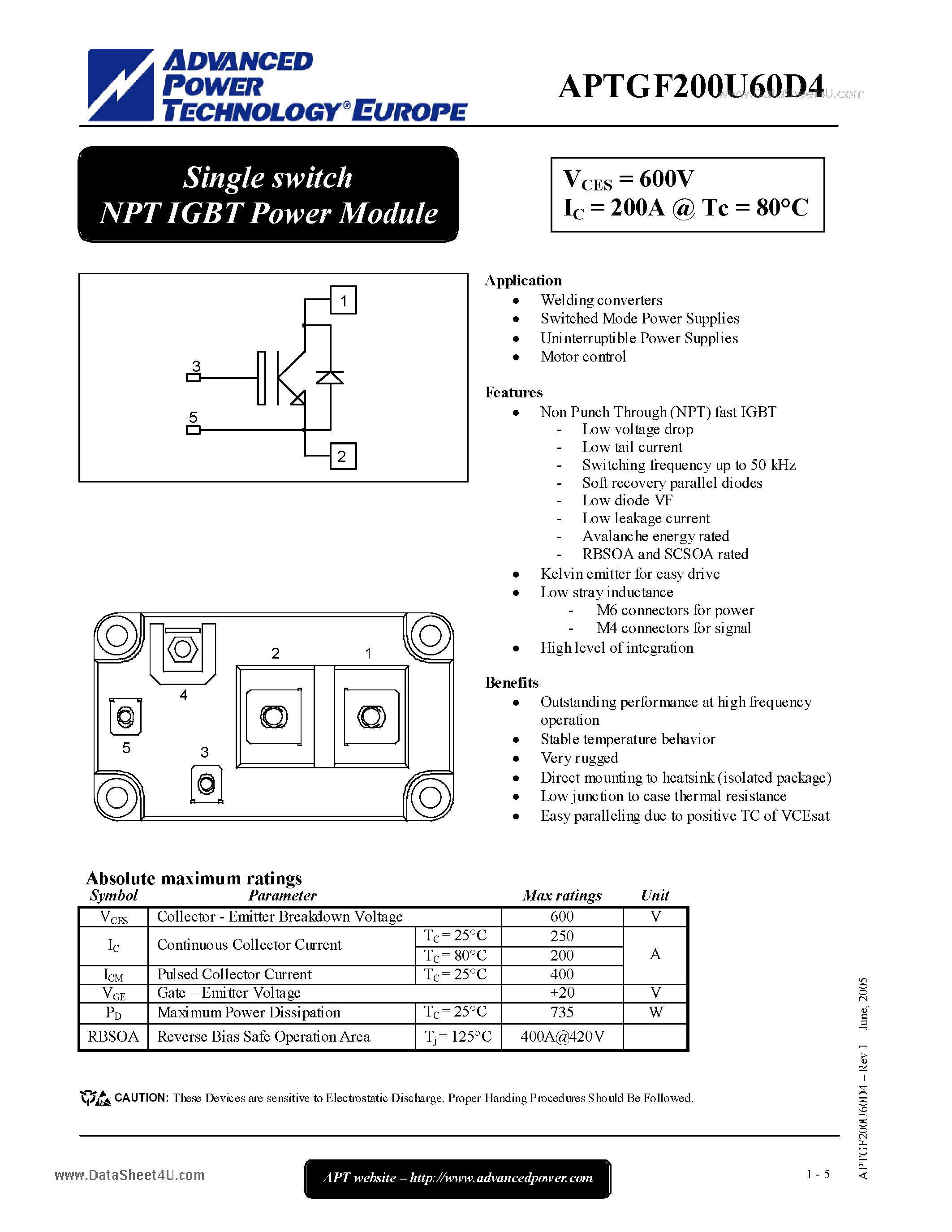 Даташит на микросхему APTGF200U60D4 страница 1 Даташит APTGF200U60D4 - Single switch NPT IGBT Power Module страница 1