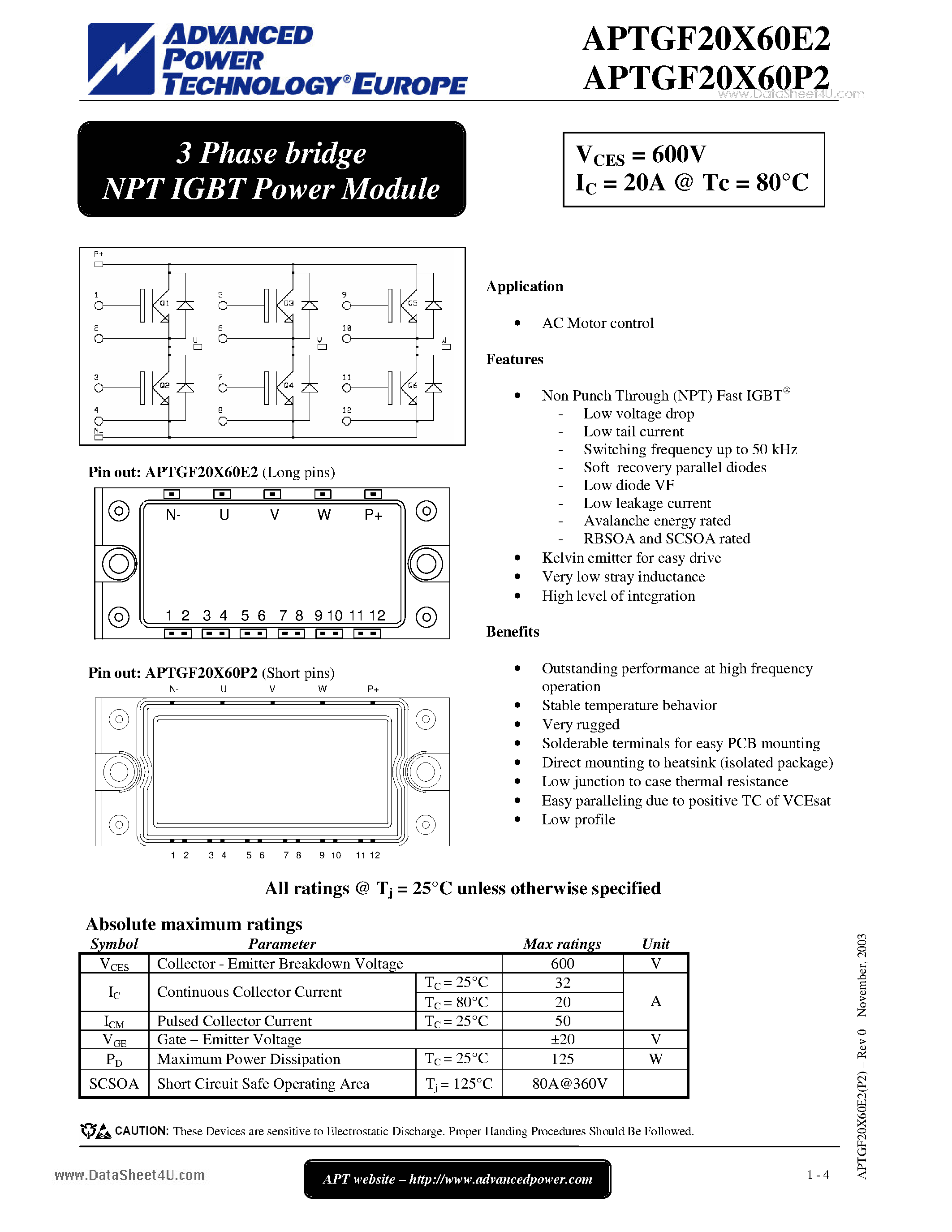 Datasheet APTGF20X60E2 - 3 Phase bridge NPT IGBT Power Module page 1