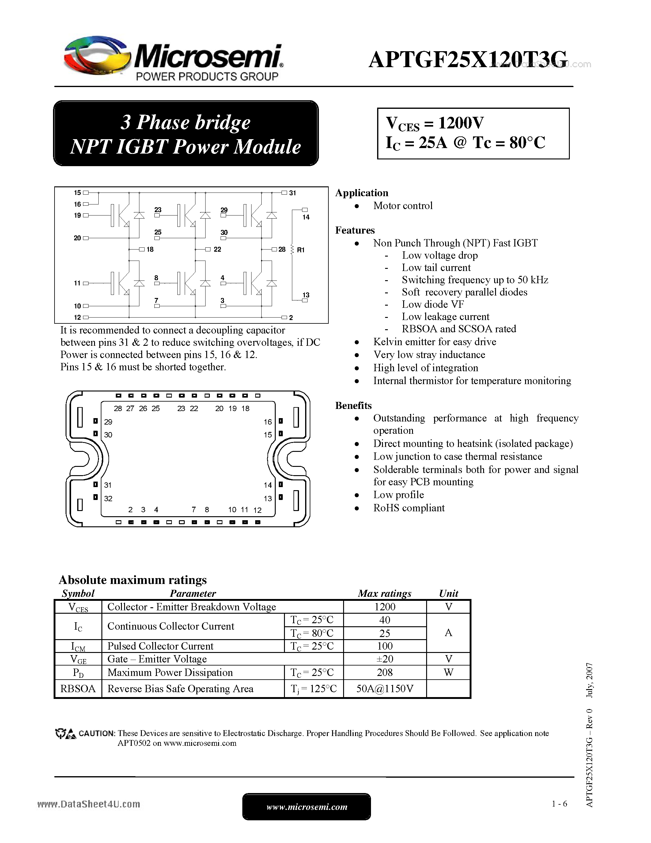 Datasheet APTGF25X120T3G - 3 Phase bridge NPT IGBT Power Module page 1