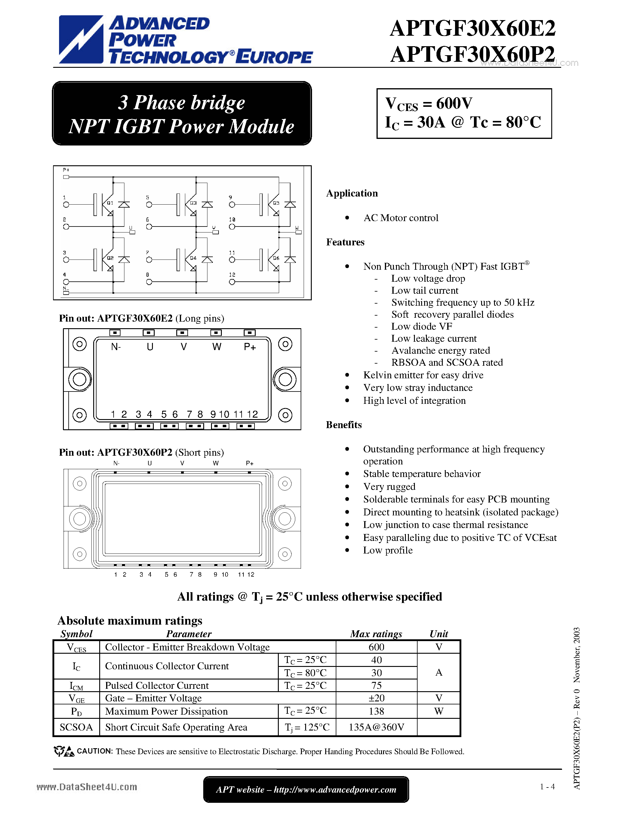 Datasheet APTGF30X60E2 - 3 Phase bridge NPT IGBT Power Module page 1