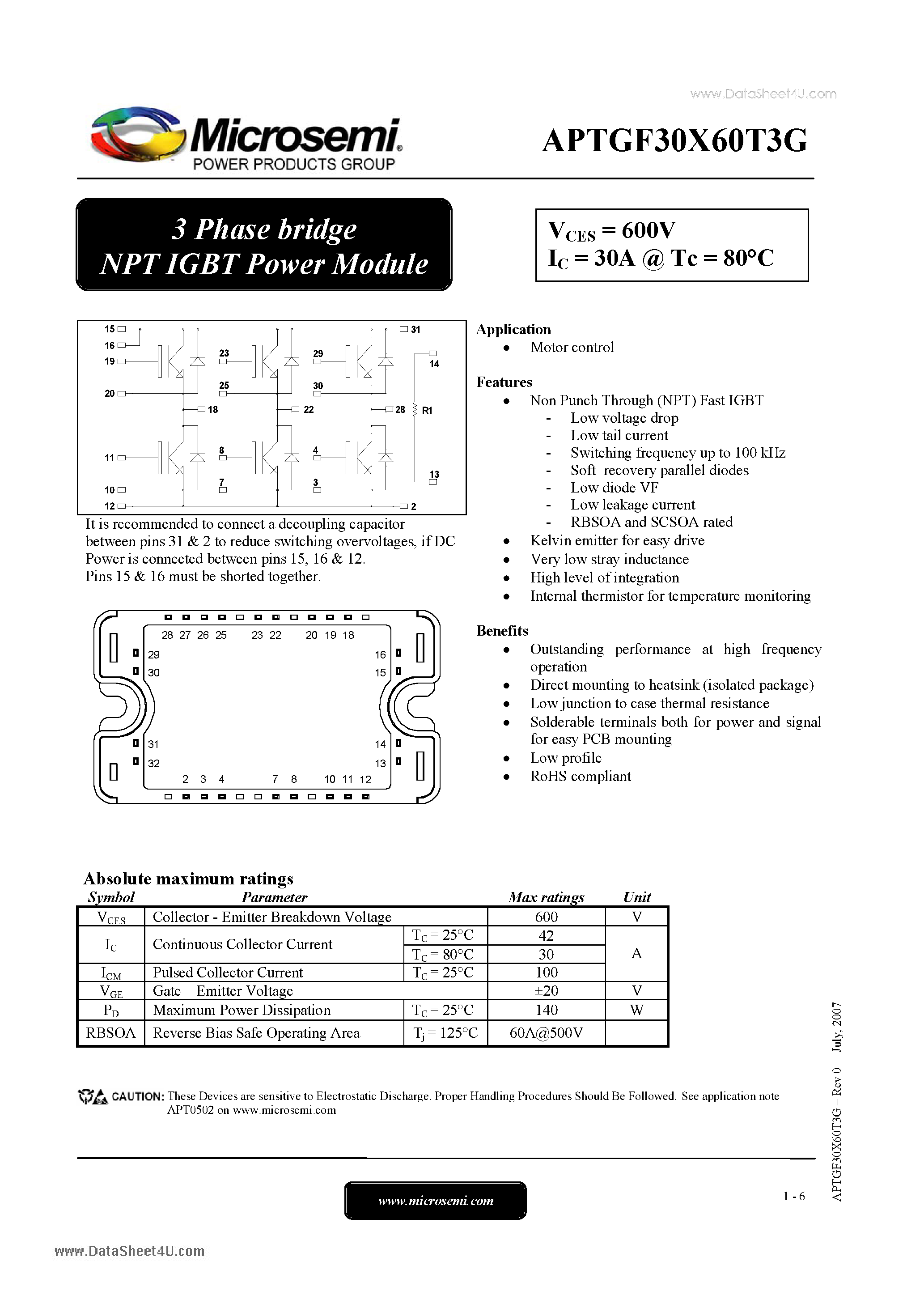 Datasheet APTGF30X60T3G page 1 Datasheet APTGF30X60T3G - 3 Phase bridge NPT IGBT Power Module page 1