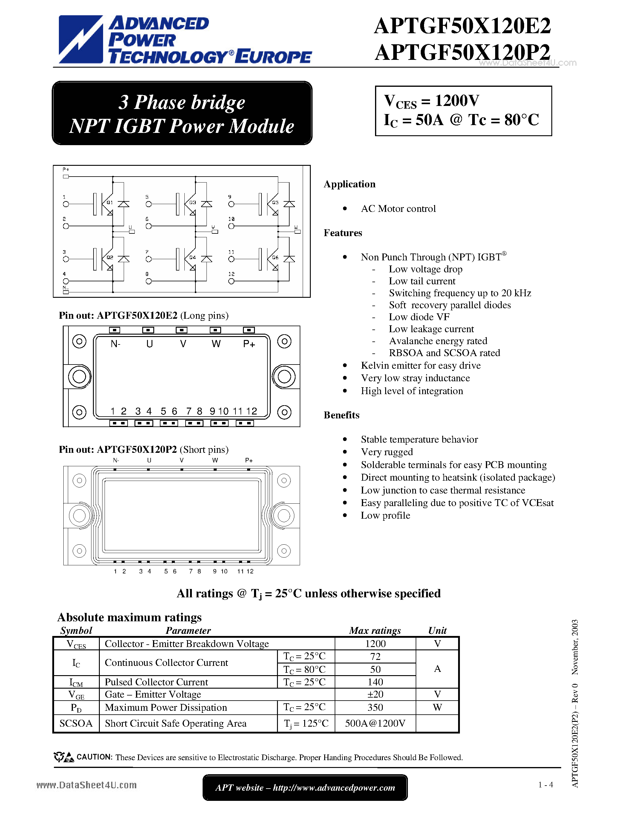 Datasheet APTGF50X120E2 - 3 Phase bridge NPT IGBT Power Module page 1