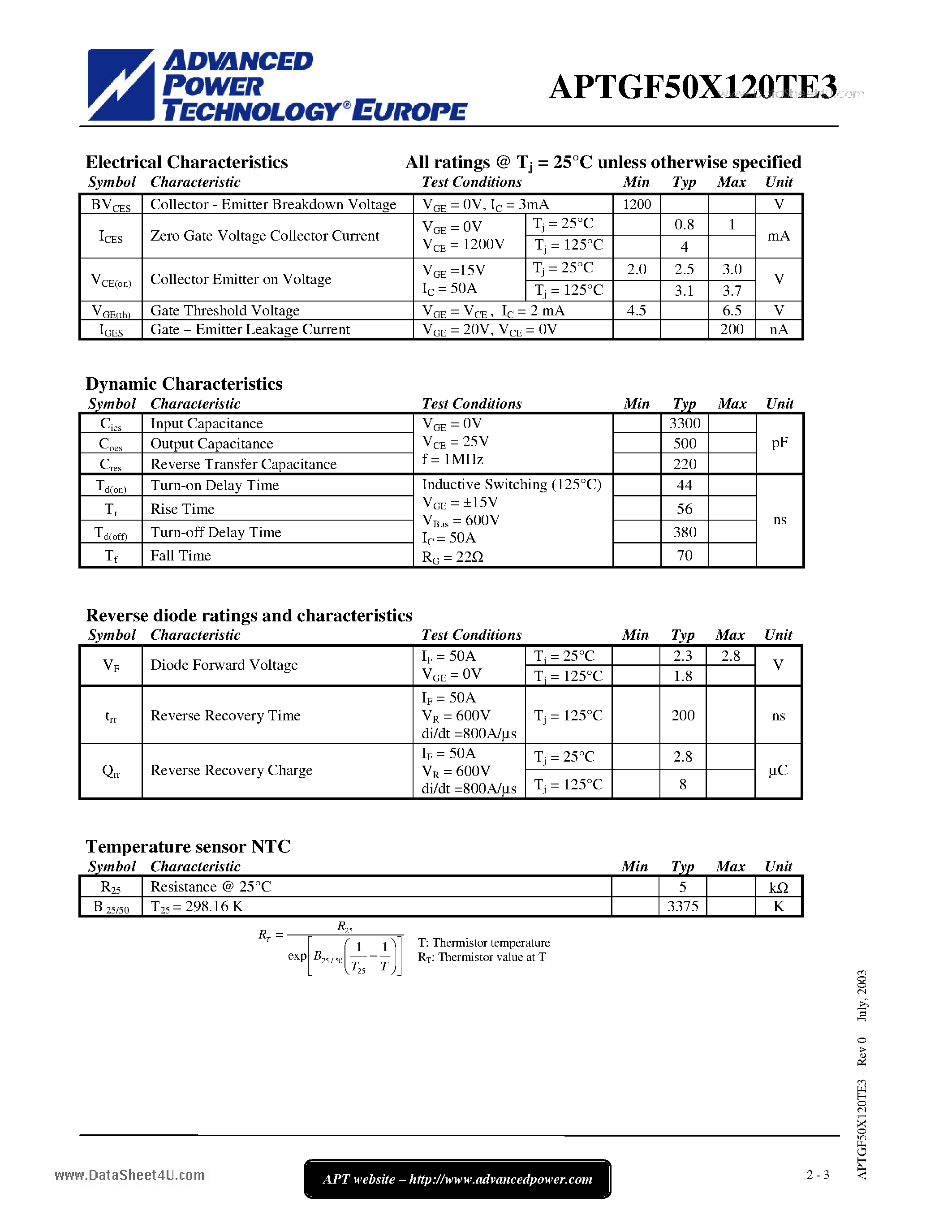Datasheet APTGF50X120TE3 page 2 Datasheet APTGF50X120TE3 - 3 Phase bridge NPT IGBT Power Module page 2