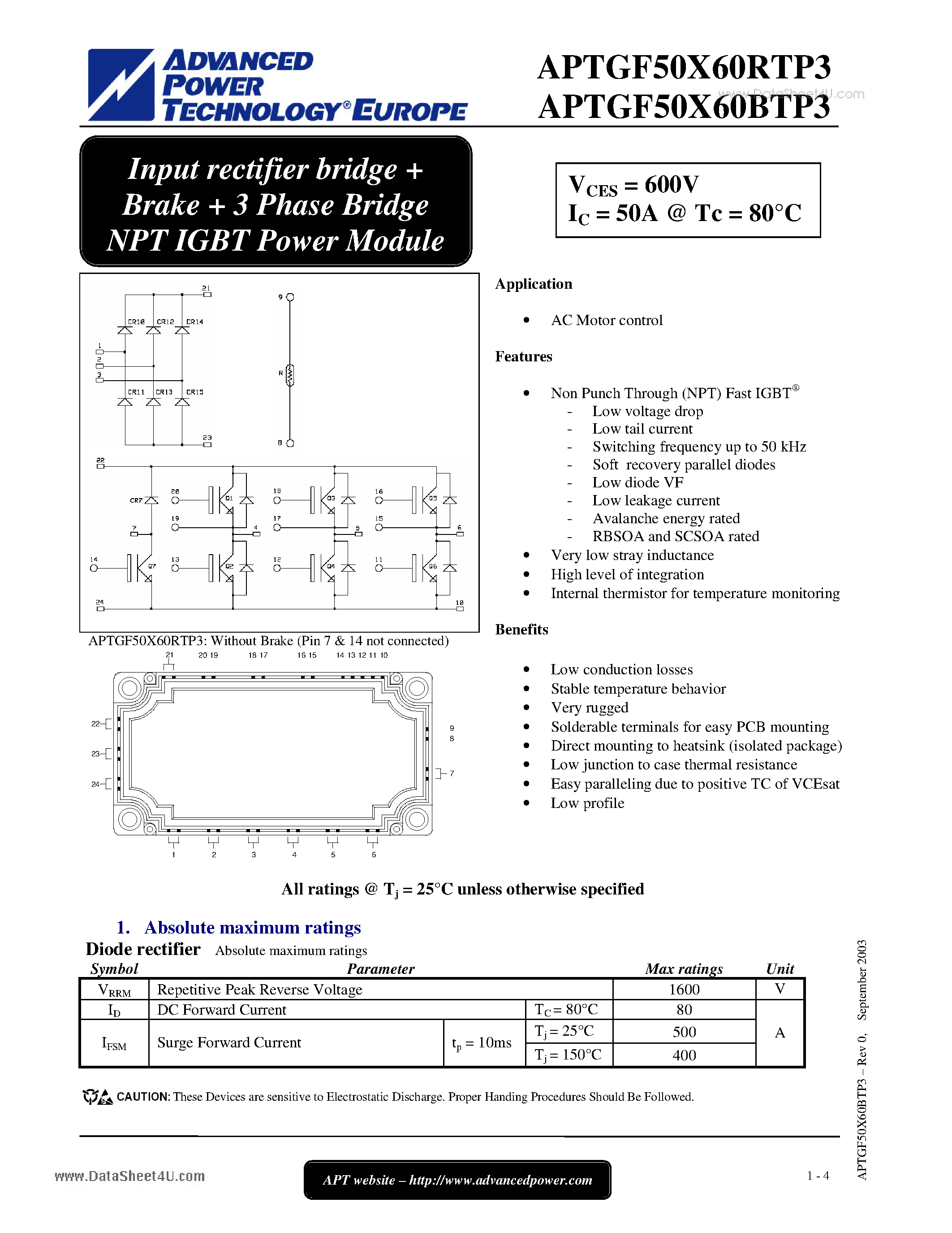 Datasheet APTGF50X60BTP3 - Input rectifier bridge Brake 3 Phase Bridge NPT IGBT Power Module page 1