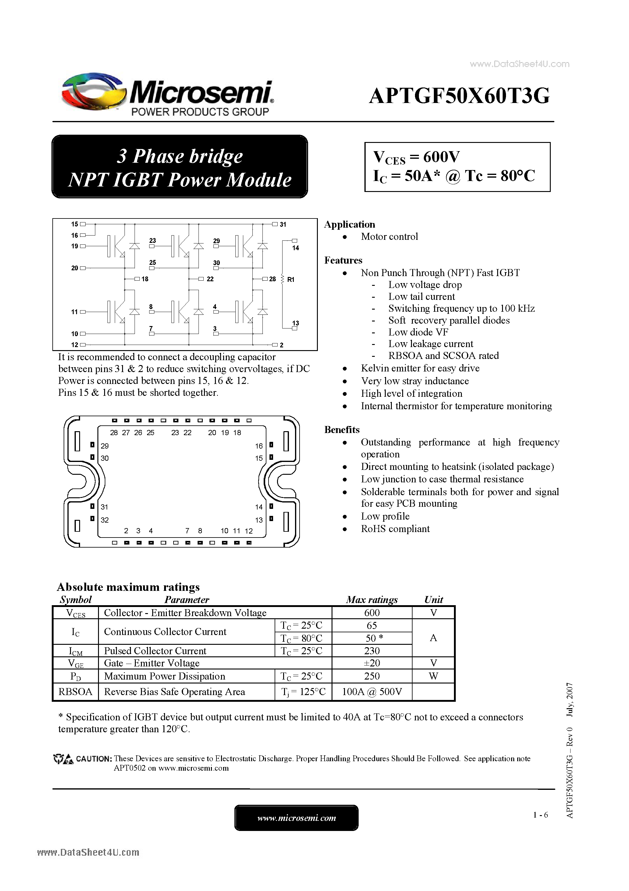 Datasheet APTGF50X60T3G page 1 Datasheet APTGF50X60T3G - 3 Phase bridge NPT IGBT Power Module page 1