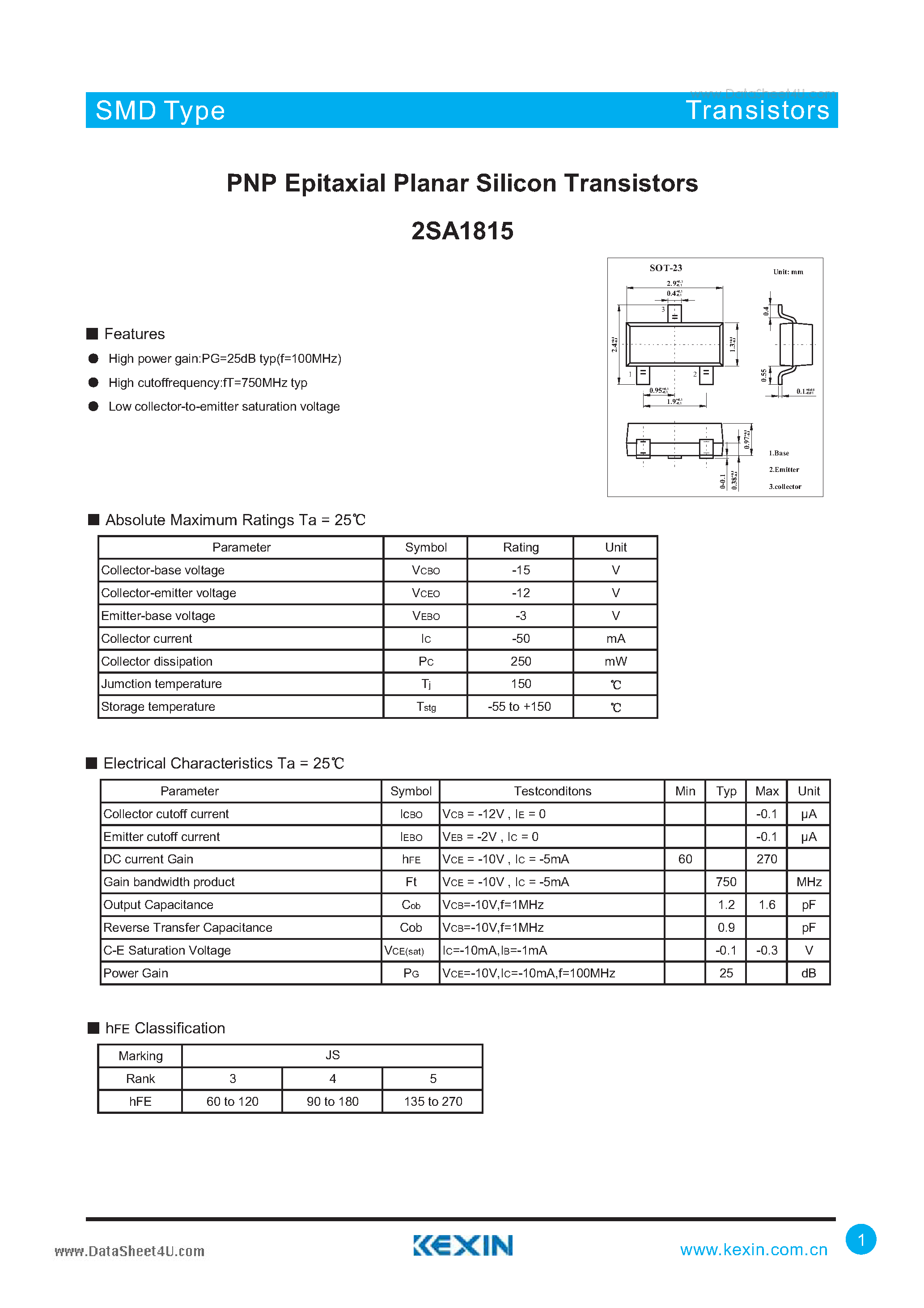 Datasheet 2SA1815 - PNP Epitaxial Planar Silicon Transistors page 1