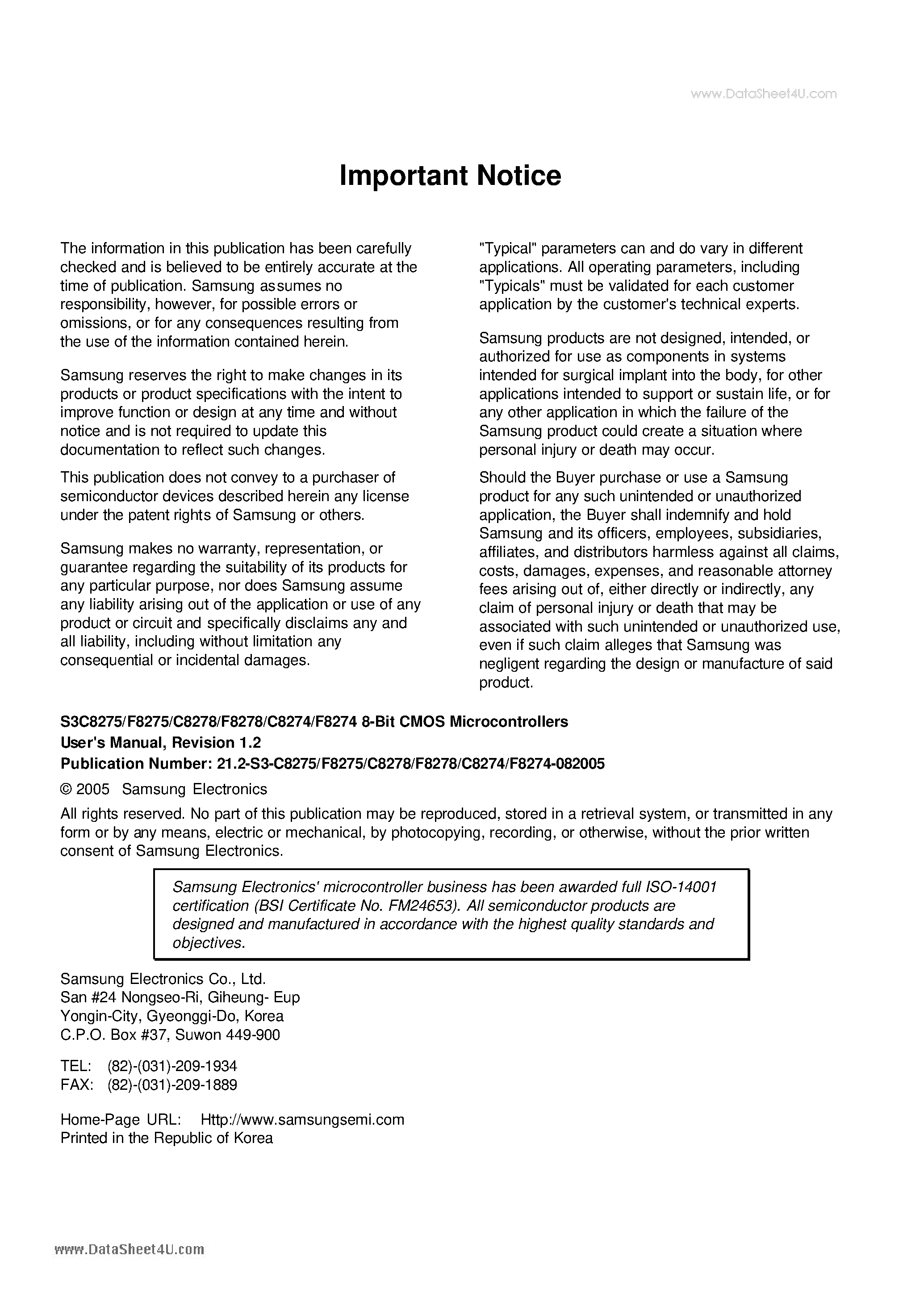 Даташит на микросхему S3F8274 страница 2 Даташит S3F8274 - (S3F827x) 8-BIT CMOS MICROCONTROLLERS страница 2