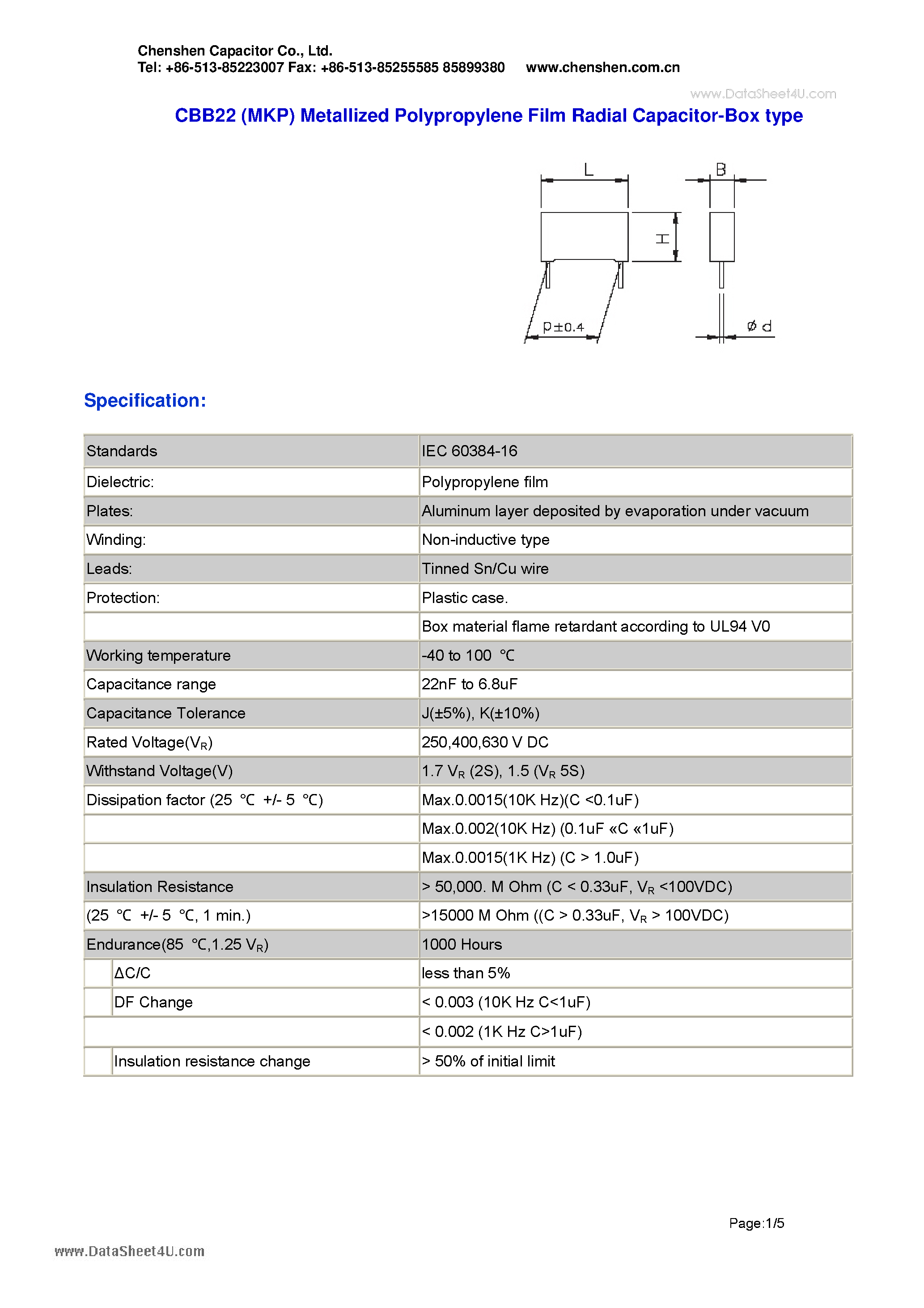 Даташит CBB22 - Metallized Polypropylene Film Radial Capacitor страница 1