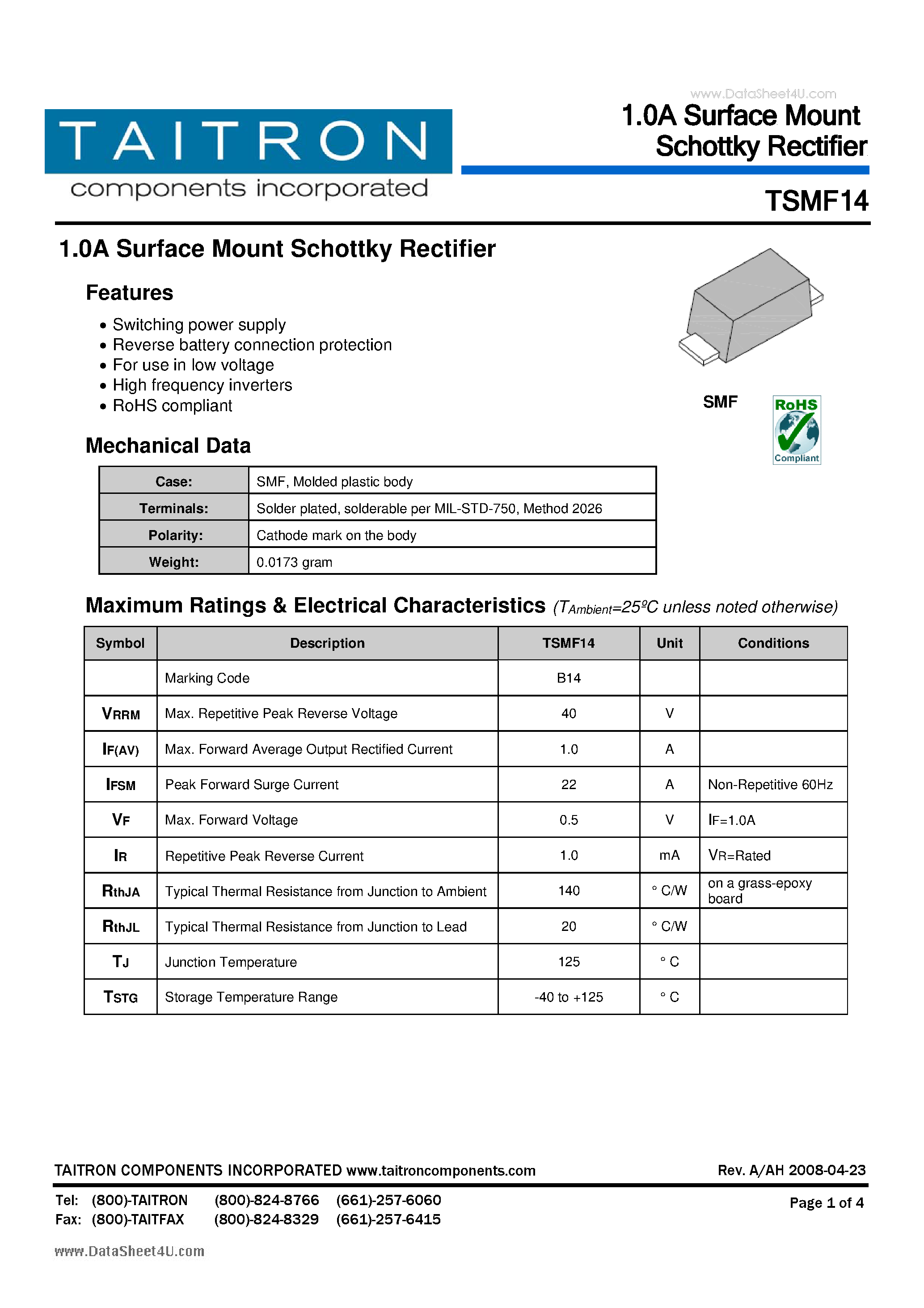 Datasheet TSMF14 page 1 Datasheet TSMF14 - 1.0A Surface Mount Schottky Rectifier page 1
