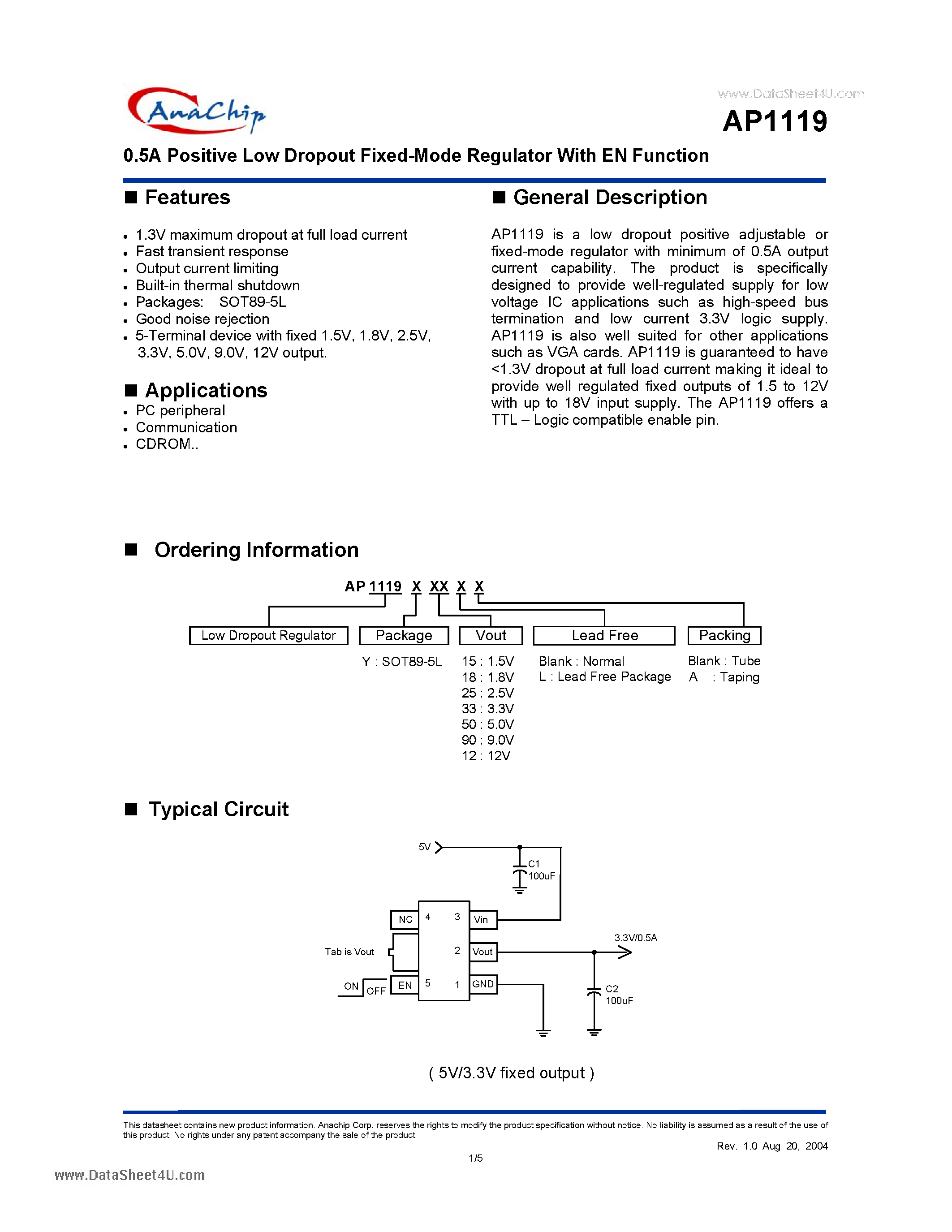 Datasheet AP1119 page 1 Datasheet AP1119 - 0.5A Positive Low Dropout Fixed-Mode Regulator page 1