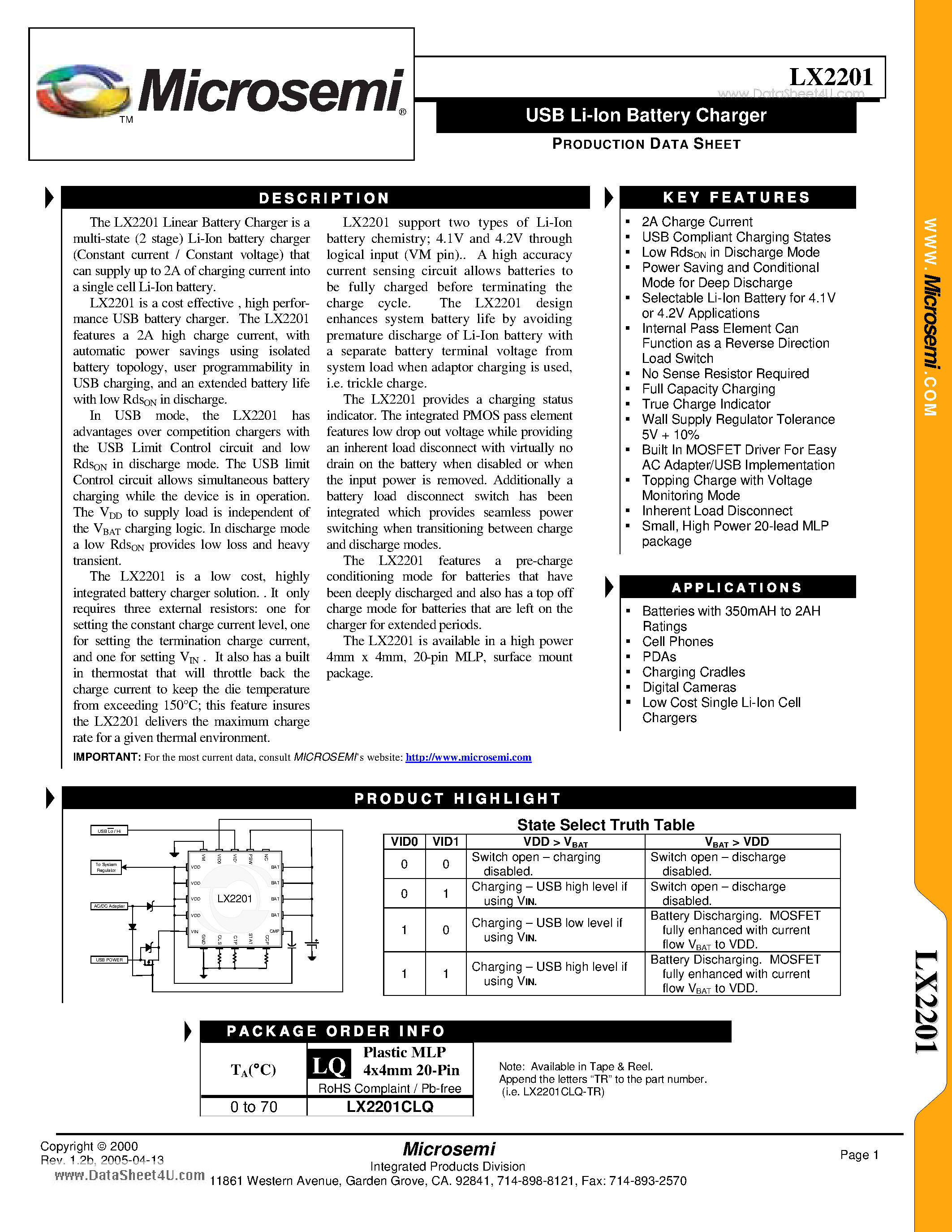 Datasheet LX2201 - USB Li-Ion Battery Charger page 1