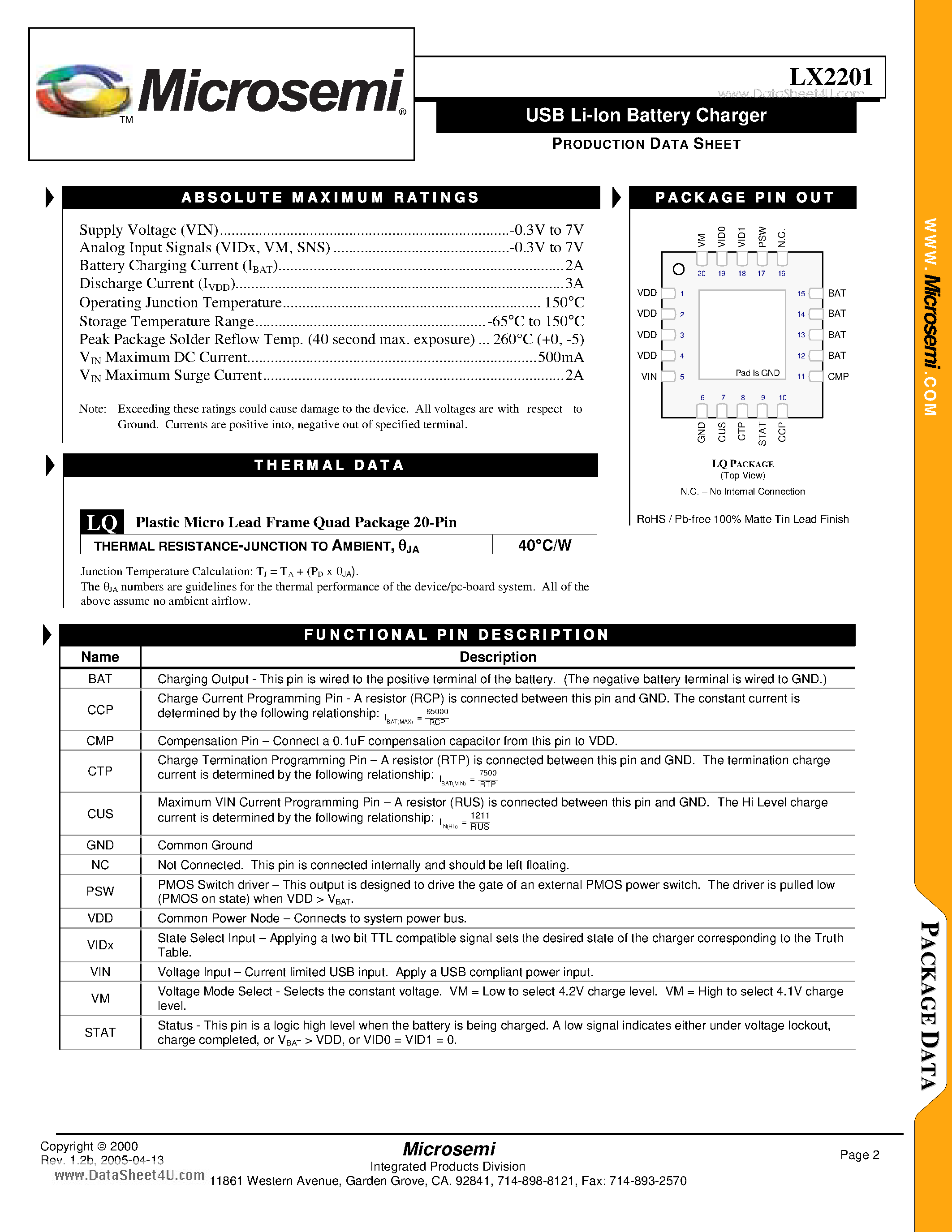Datasheet LX2201 - USB Li-Ion Battery Charger page 2