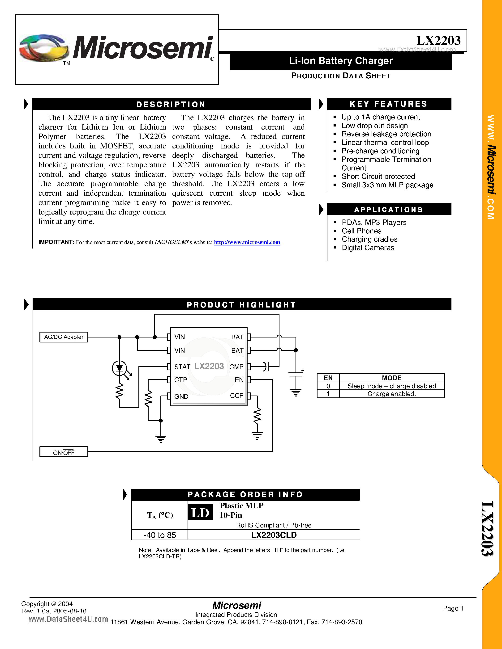 Datasheet LX2203 - Li-Ion Battery Charger page 1