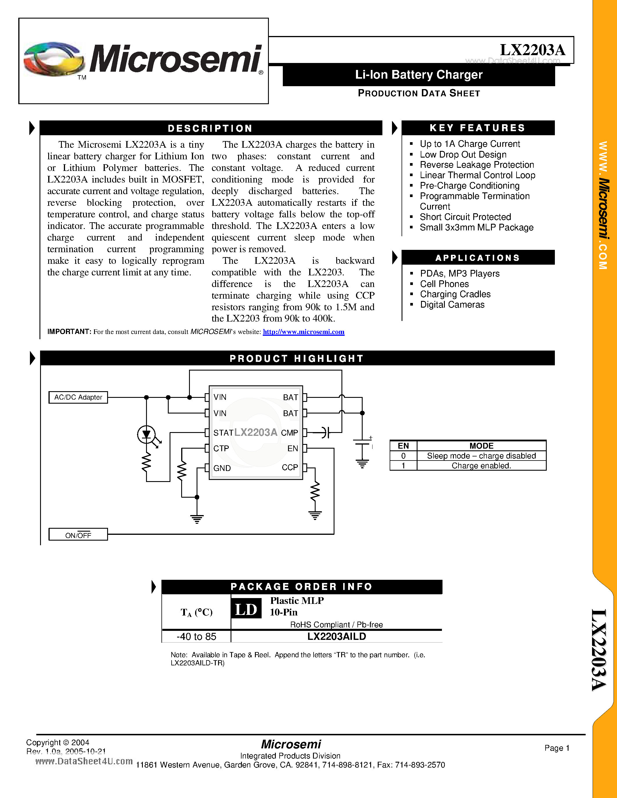 Datasheet LX2203A - Li-Ion Battery Charger page 1