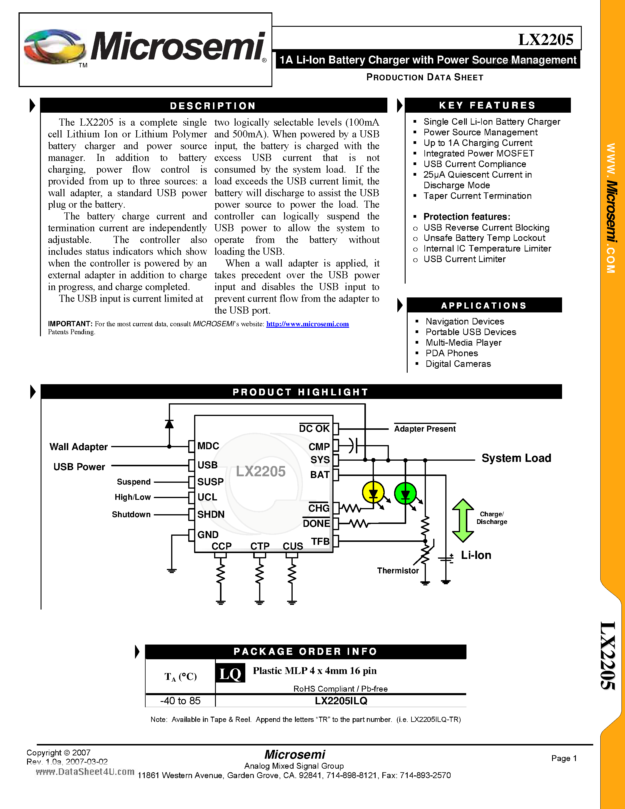 Datasheet LX2205 - 1A Li-Ion Battery Charger page 1