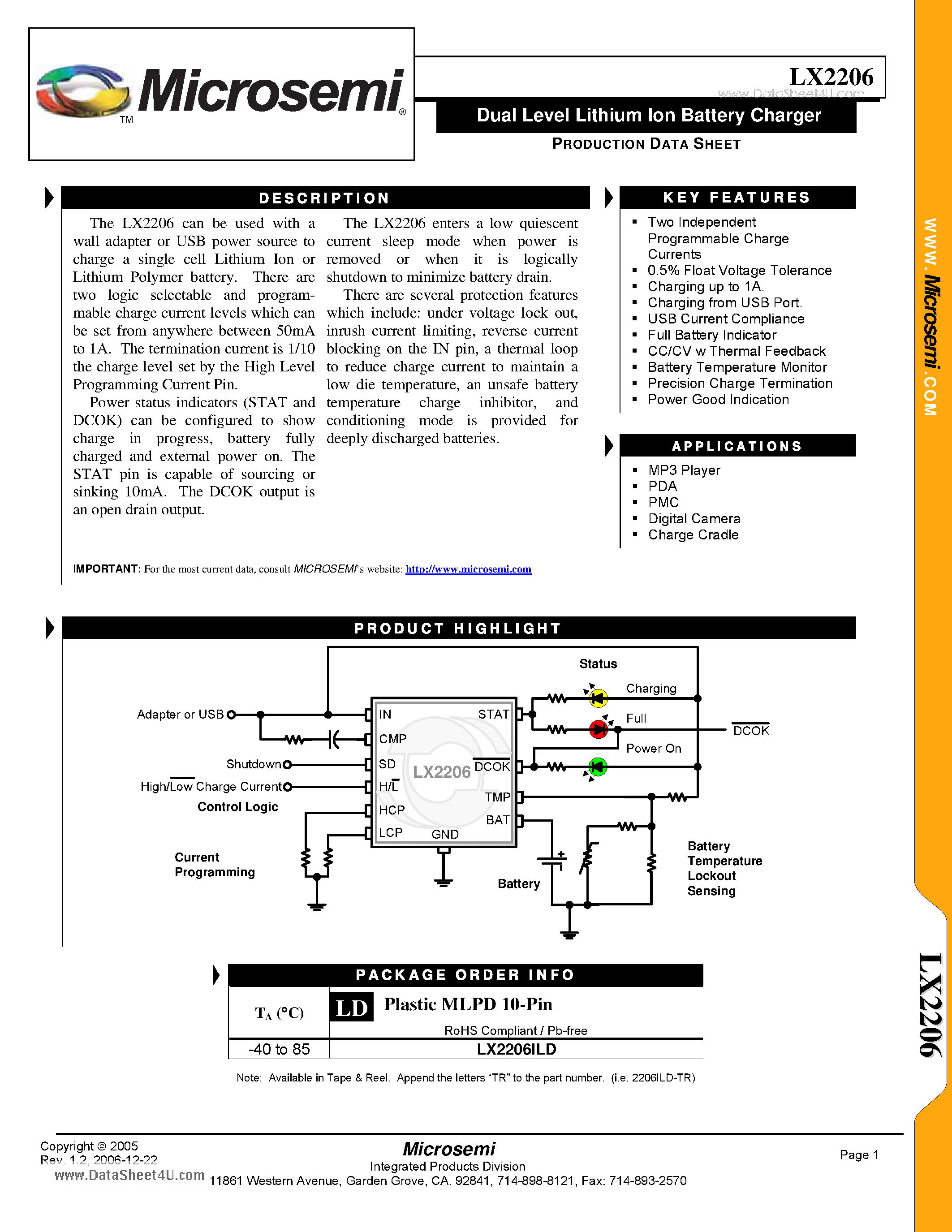 Datasheet LX2206 - Dual Level Lithium Ion Battery Charger page 1