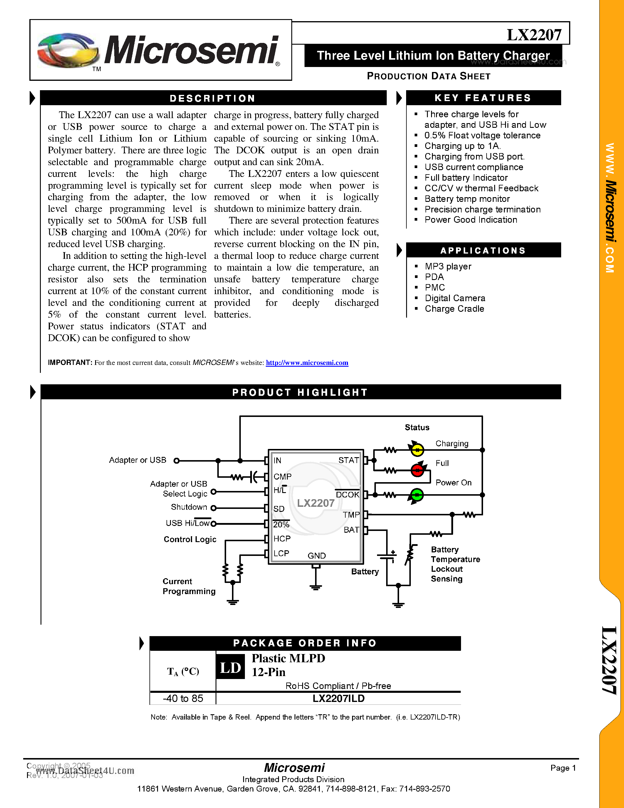 Datasheet LX2207 - Three Level Lithium Ion Battery Charger page 1