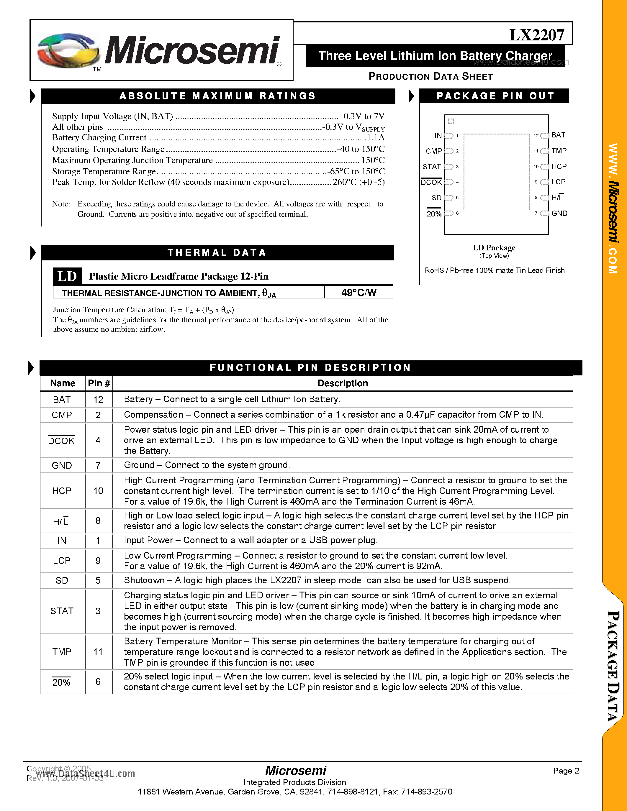 Datasheet LX2207 - Three Level Lithium Ion Battery Charger page 2