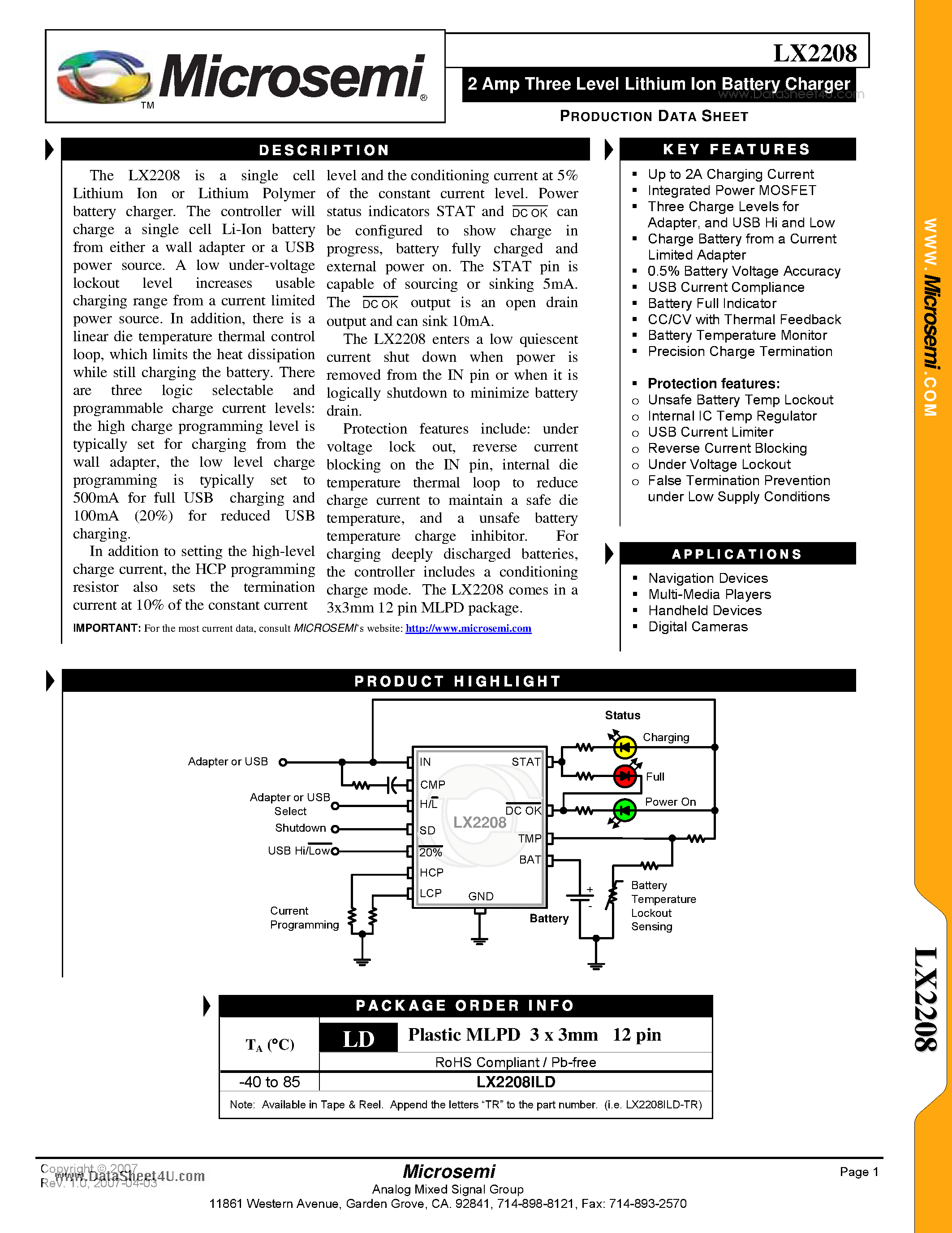 Datasheet LX2208 - 2Amp Three Level Lithium Ion Battery Charger page 1