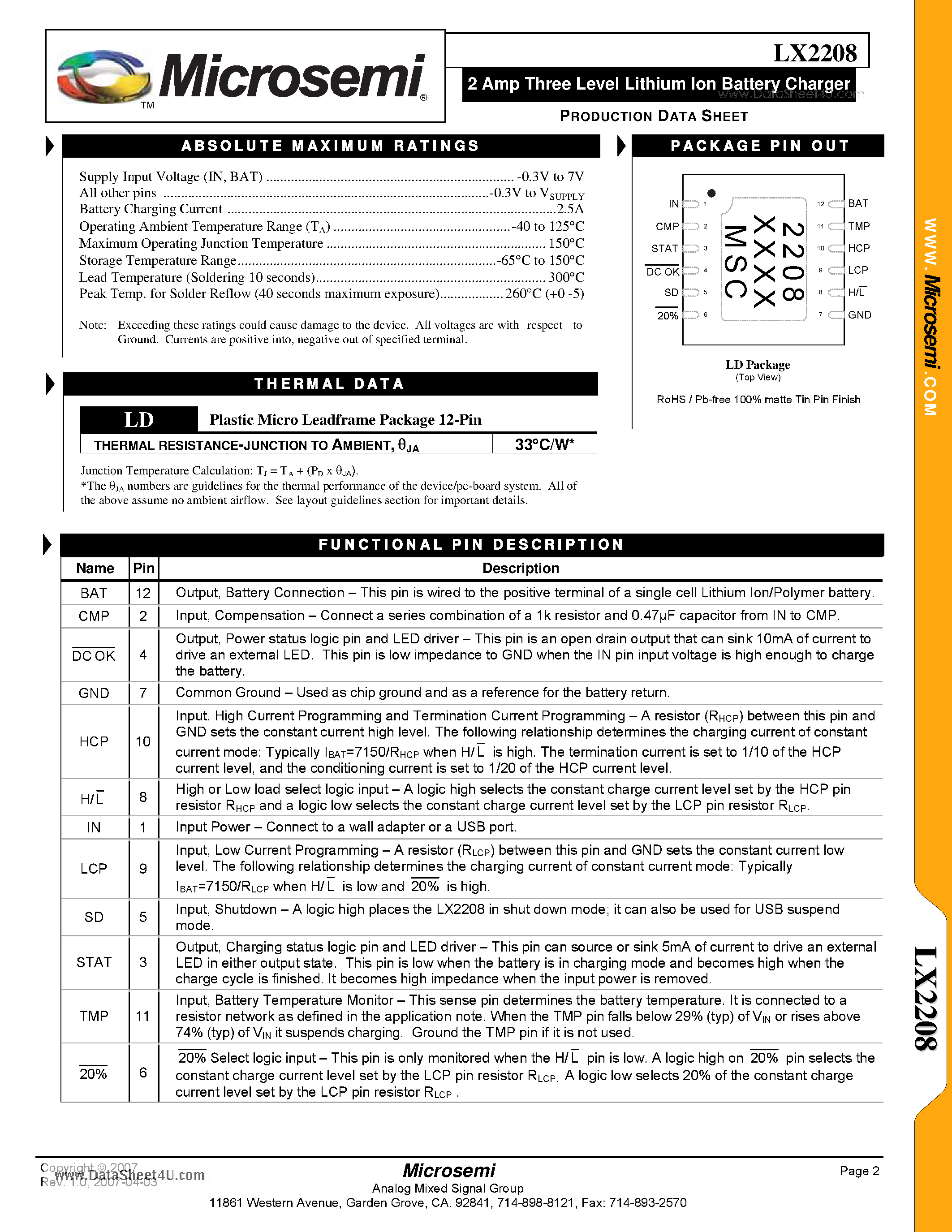 Datasheet LX2208 - 2Amp Three Level Lithium Ion Battery Charger page 2