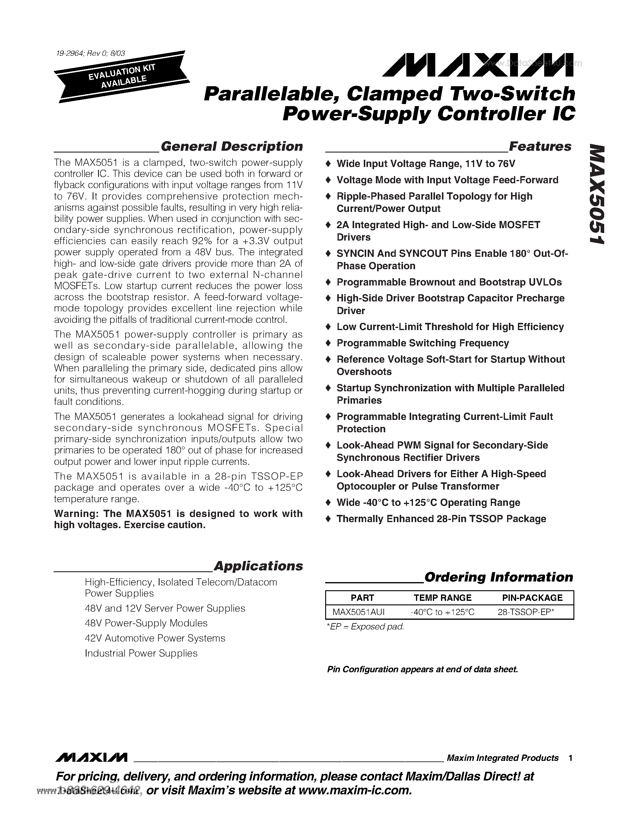 Datasheet MAX5051 page 1 Datasheet MAX5051 - Parallelable Clamped Two-Switch Power-Supply Controller IC page 1