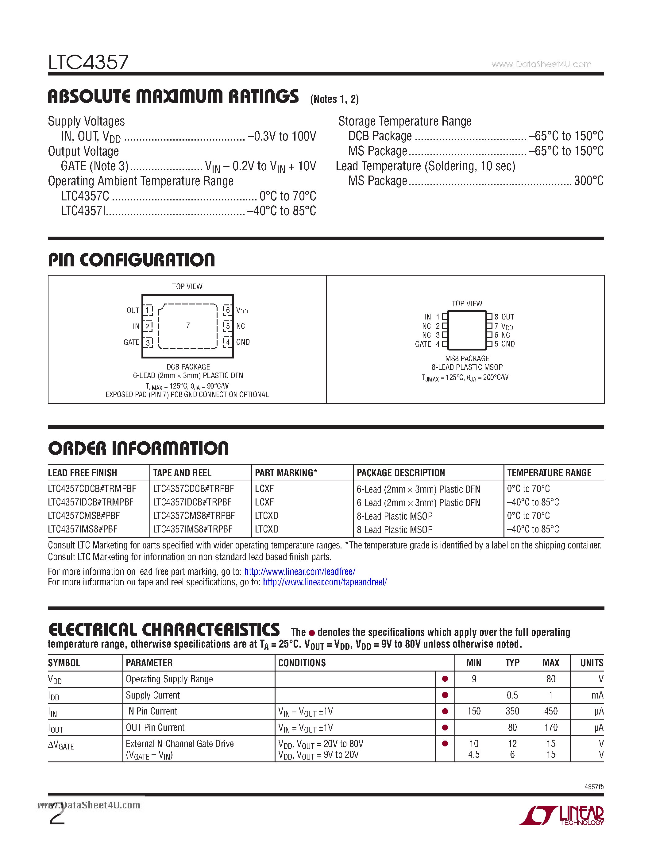 Даташит на микросхему LTC4357 страница 2 Даташит LTC4357 - Positive High Voltage Ideal Diode Controller страница 2