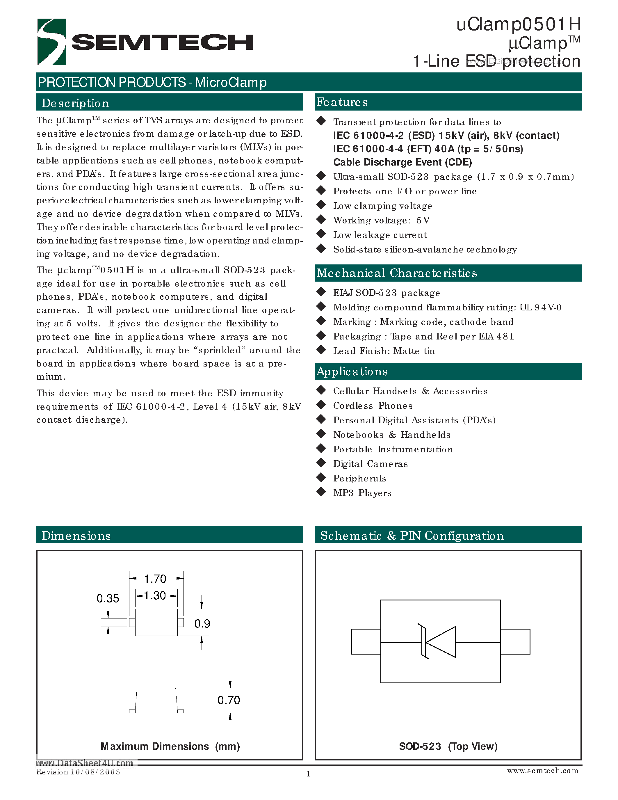 Datasheet UCLAMP0501H - 1-Line ESD protection page 1