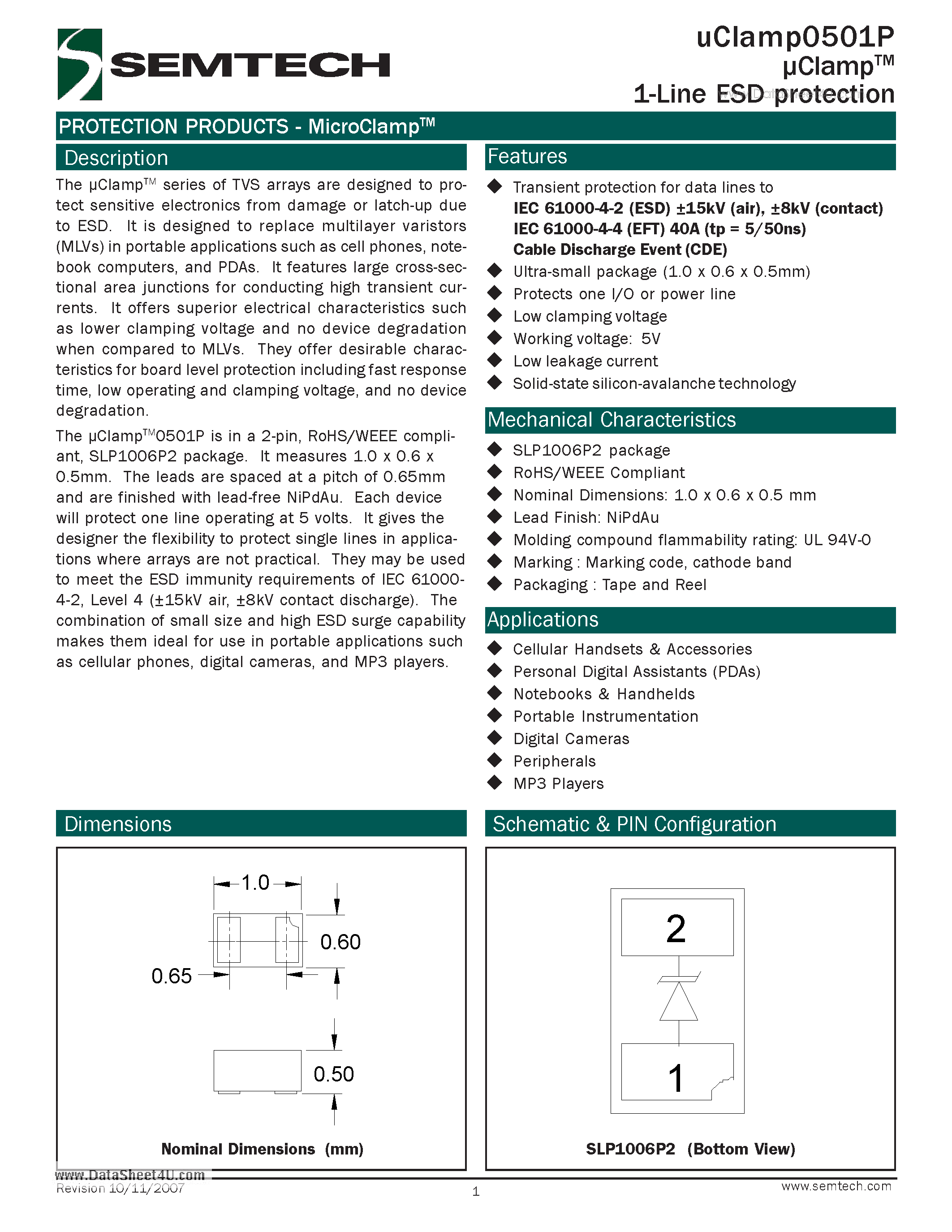 Datasheet UCLAMP0501P - 1-Line ESD protection page 1