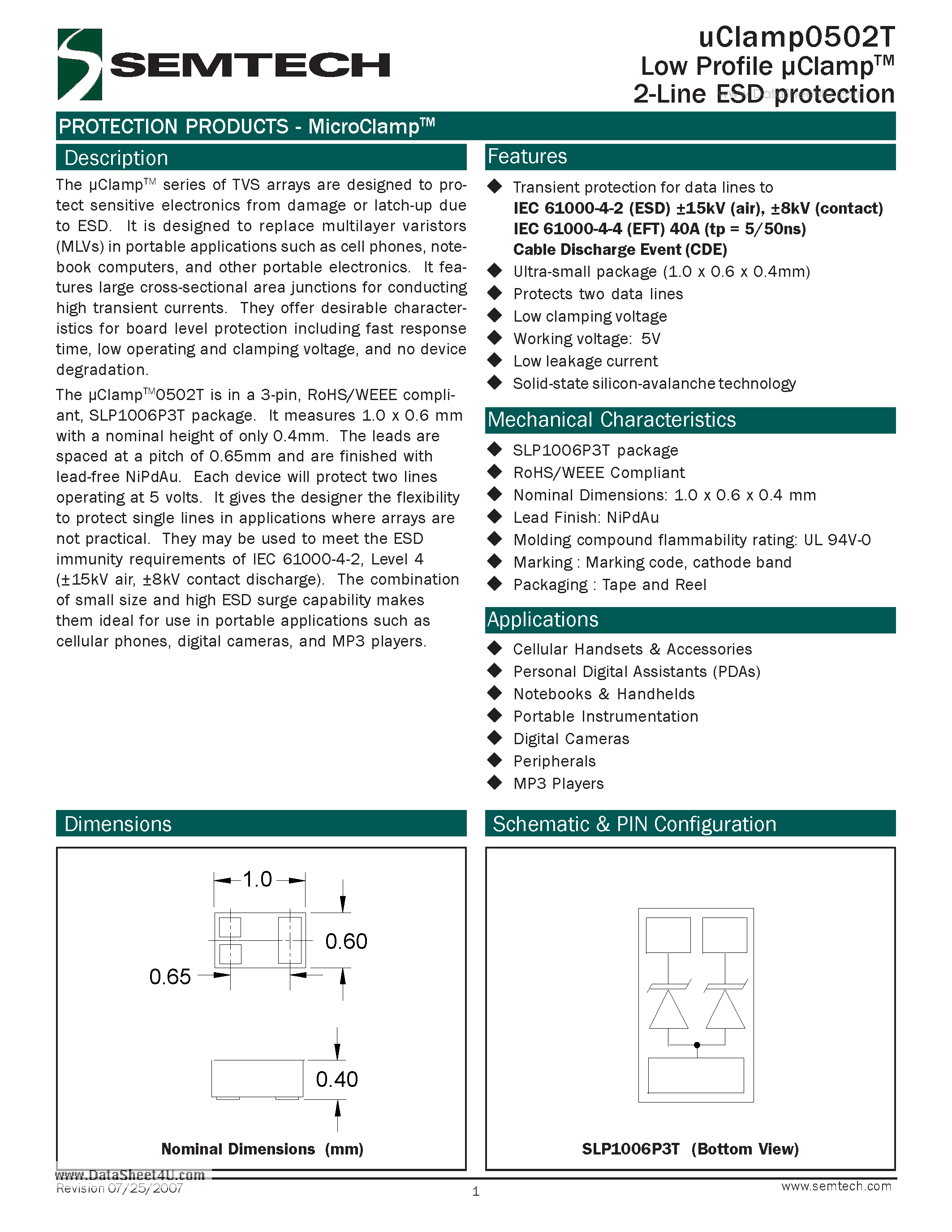 Datasheet UCLAMP0502T page 1 Datasheet UCLAMP0502T - 2-Line ESD protection page 1
