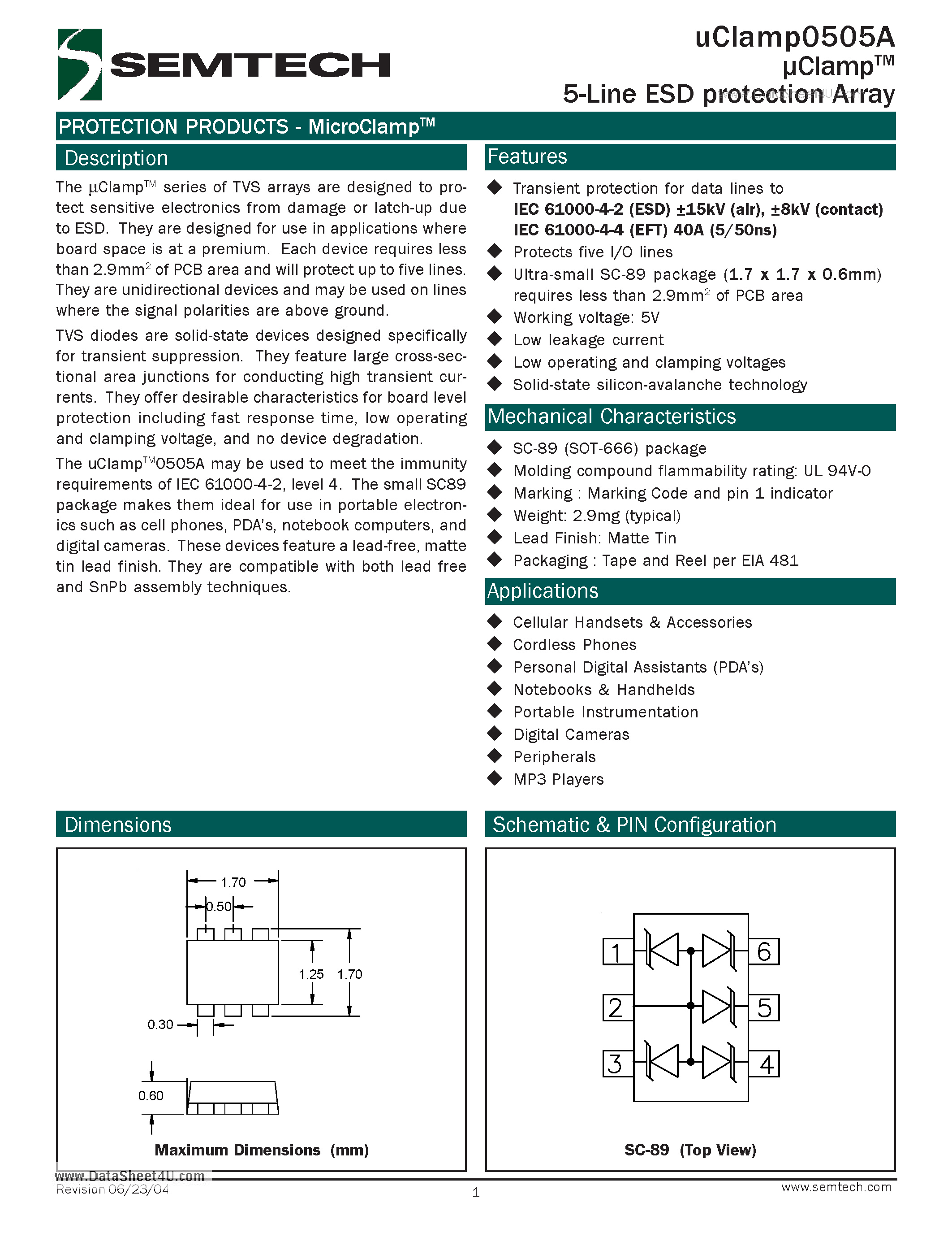 Datasheet UCLAMP0505A - 5-Line ESD protection Array page 1
