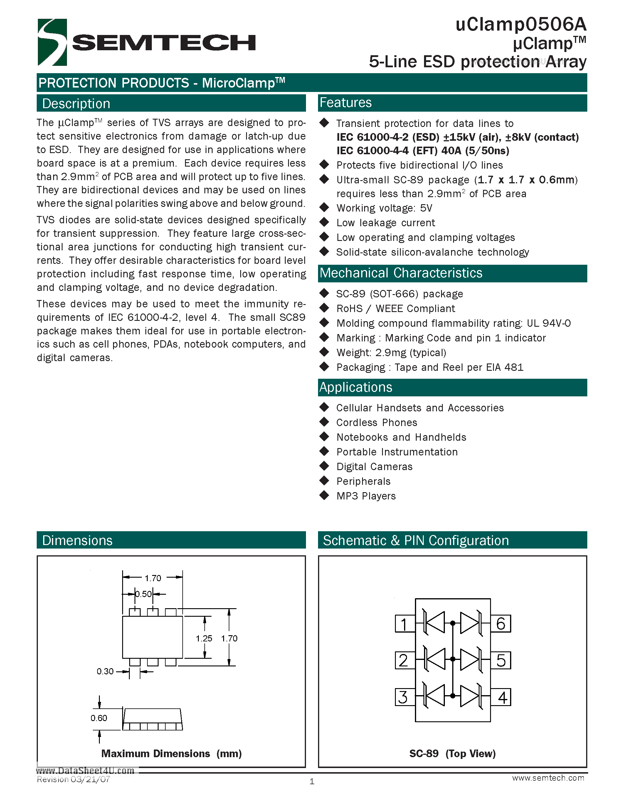 Datasheet UCLAMP0506A - 5-Line ESD protection Array page 1