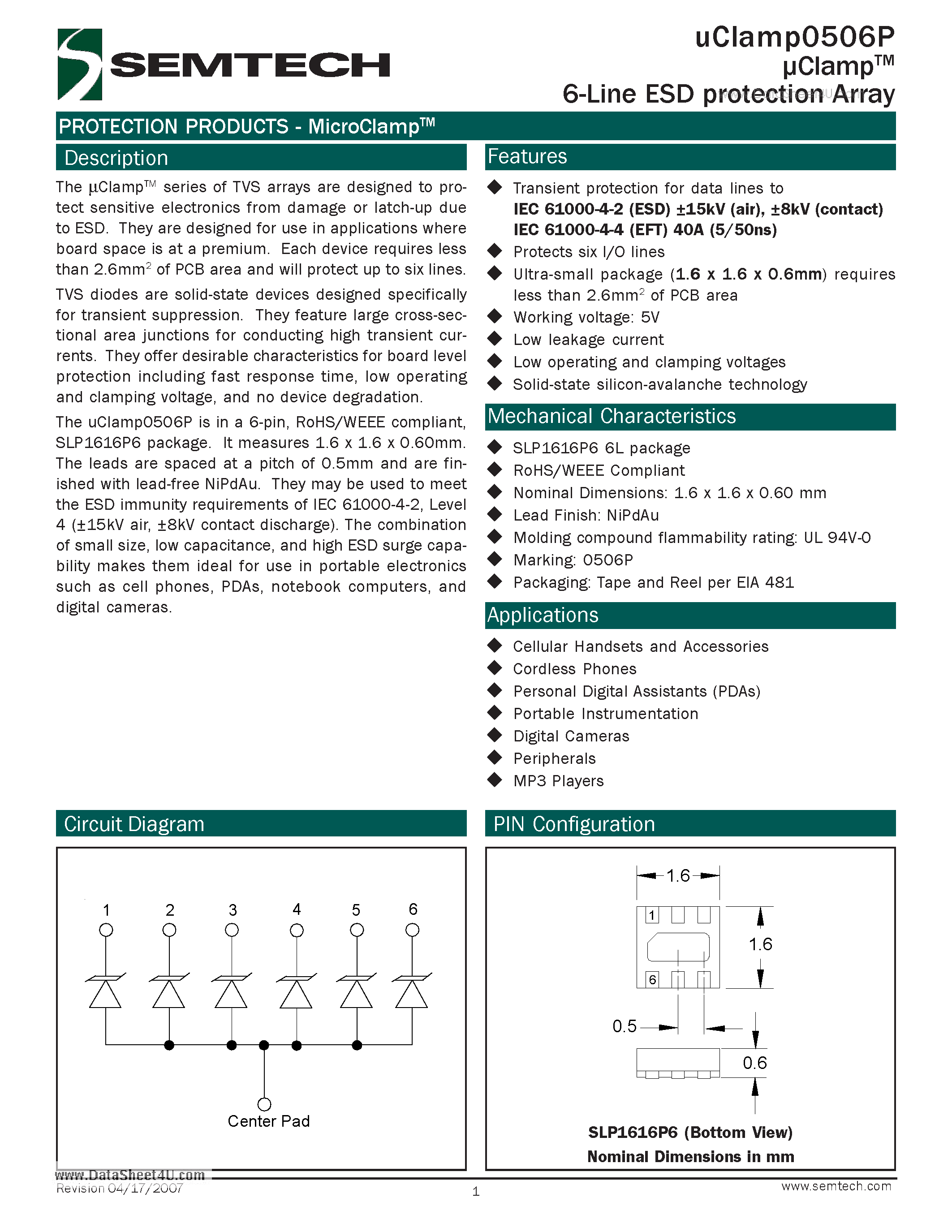 Даташит на микросхему UCLAMP0506P страница 1 Даташит UCLAMP0506P - 6-Line ESD protection Array страница 1