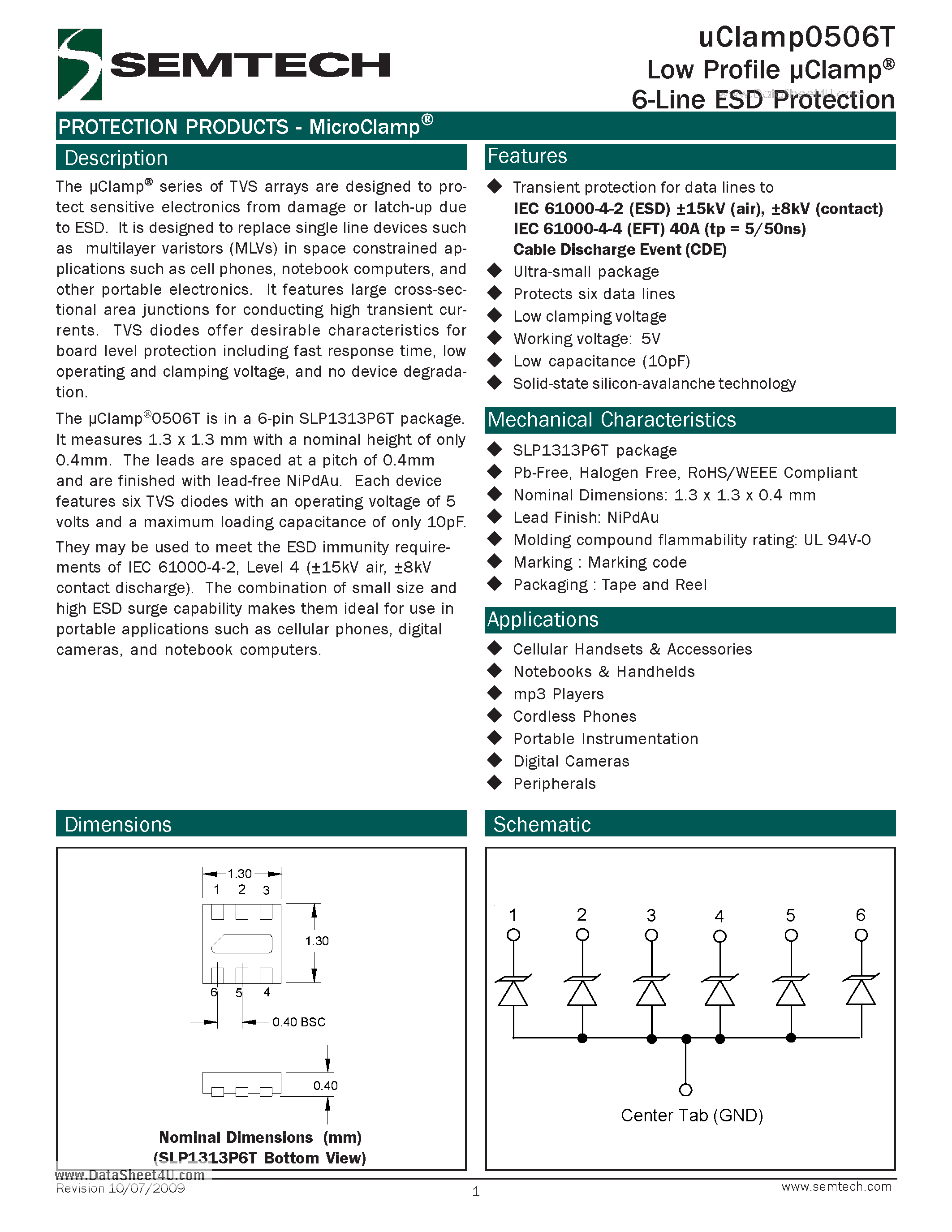 Datasheet UCLAMP0506T - Low Profile Clamp 6-Line ESD Protection page 1
