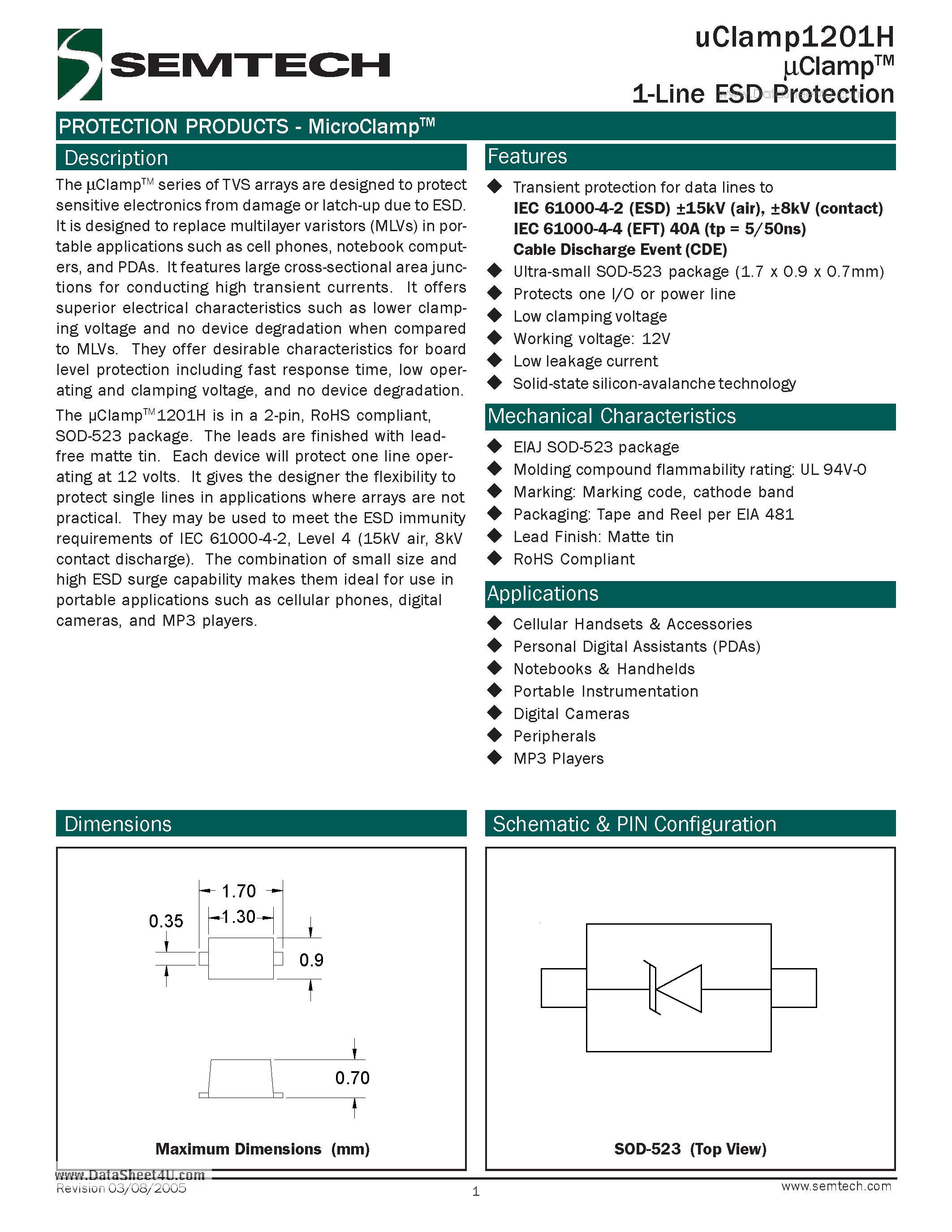 Datasheet UCLAMP1201H - 1-Line ESD Protection page 1