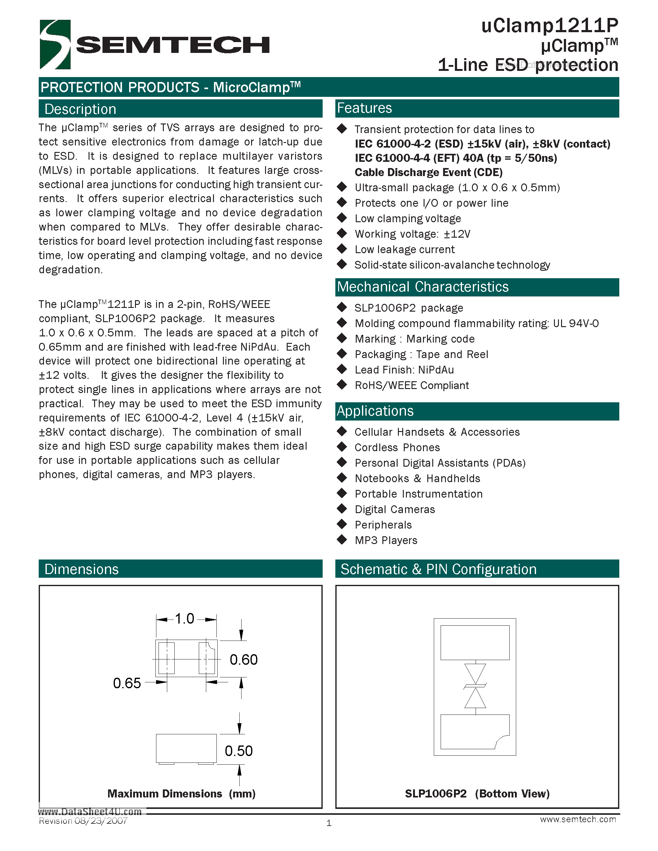 Datasheet UCLAMP1211P - 1-Line ESD protection page 1
