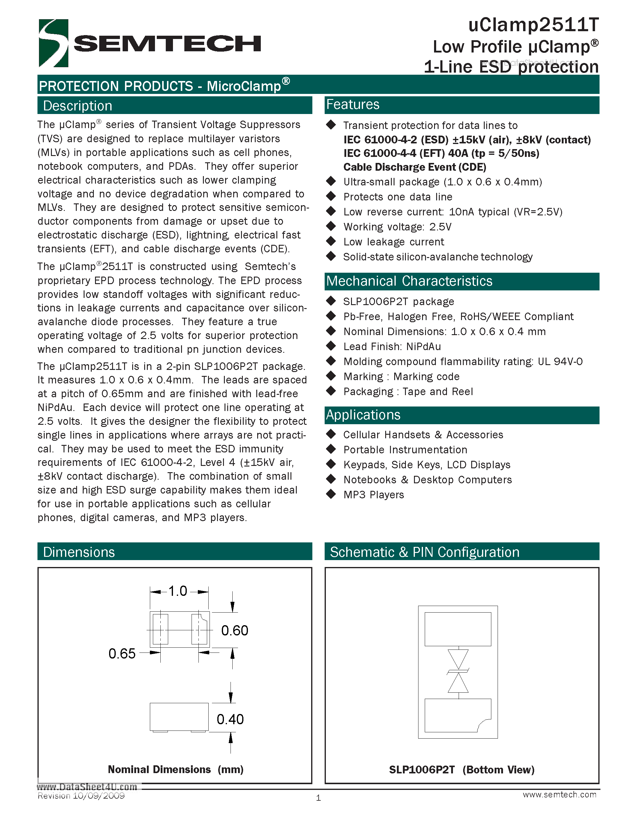 Datasheet UCLAMP2511T - Low Profile Clamp 1-Line ESD protection page 1