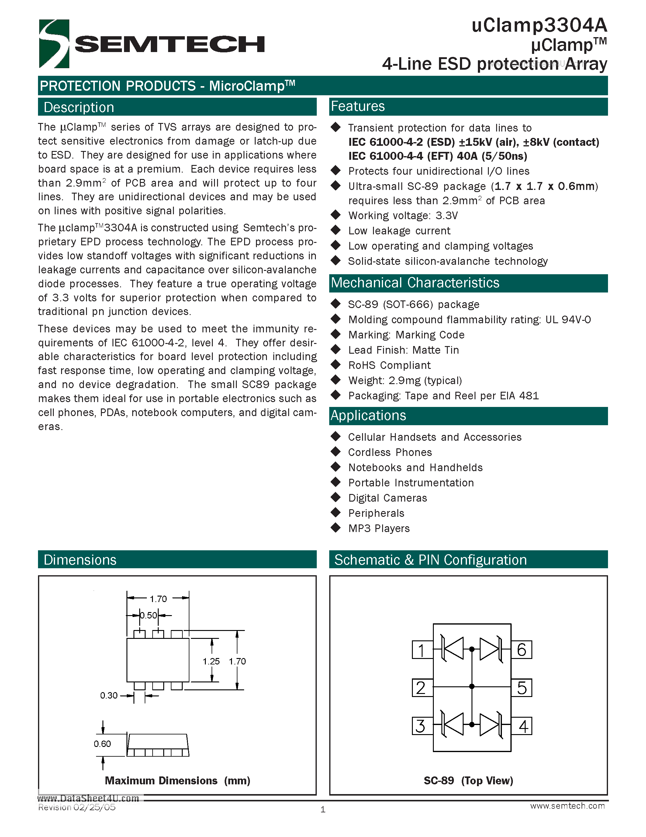 Даташит UCLAMP3304A - 4-Line ESD protection Array страница 1