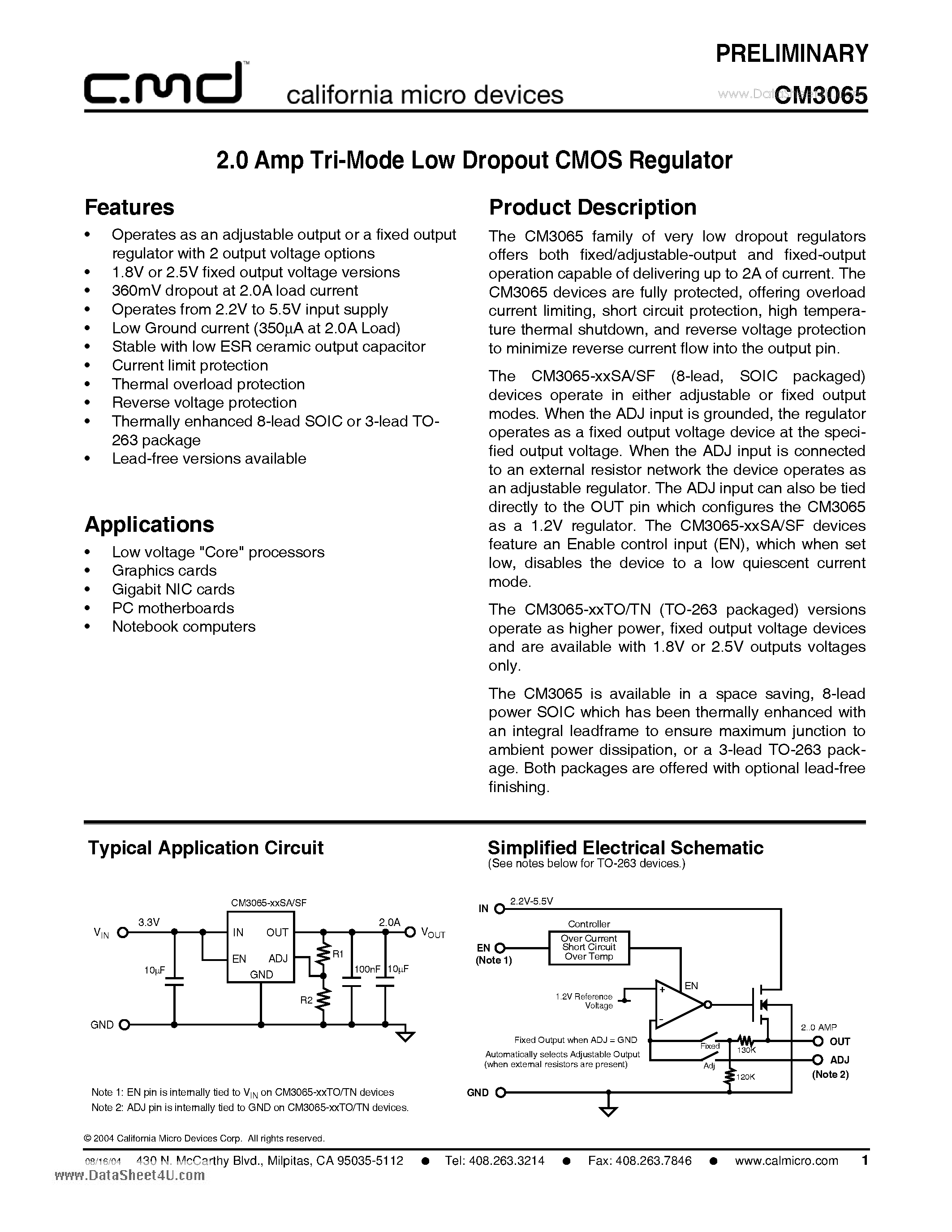 Datasheet CM3065 page 1 Datasheet CM3065 - 2.0 Amp Tri-Mode Low Dropout CMOS Regulator page 1