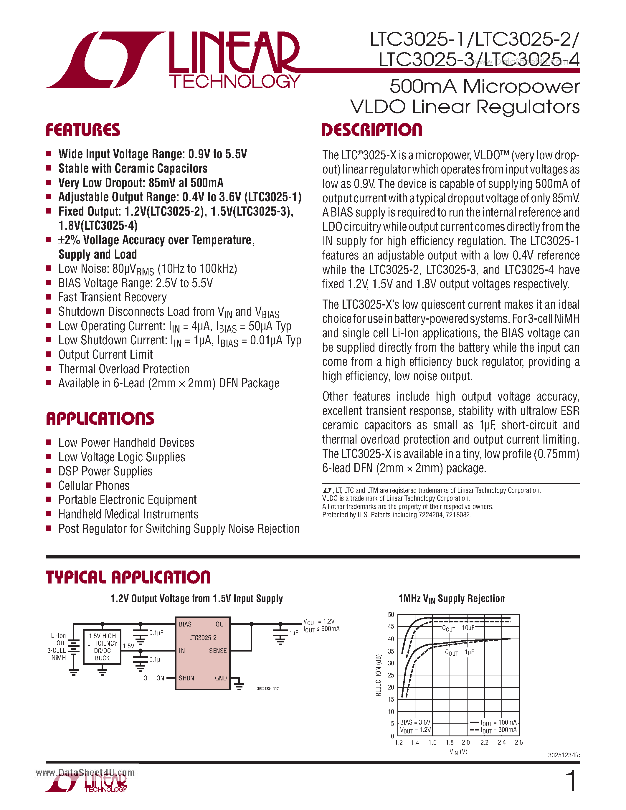 Даташит LTC3025-1 - 500mA Micropower VLDO Linear Regulators страница 1