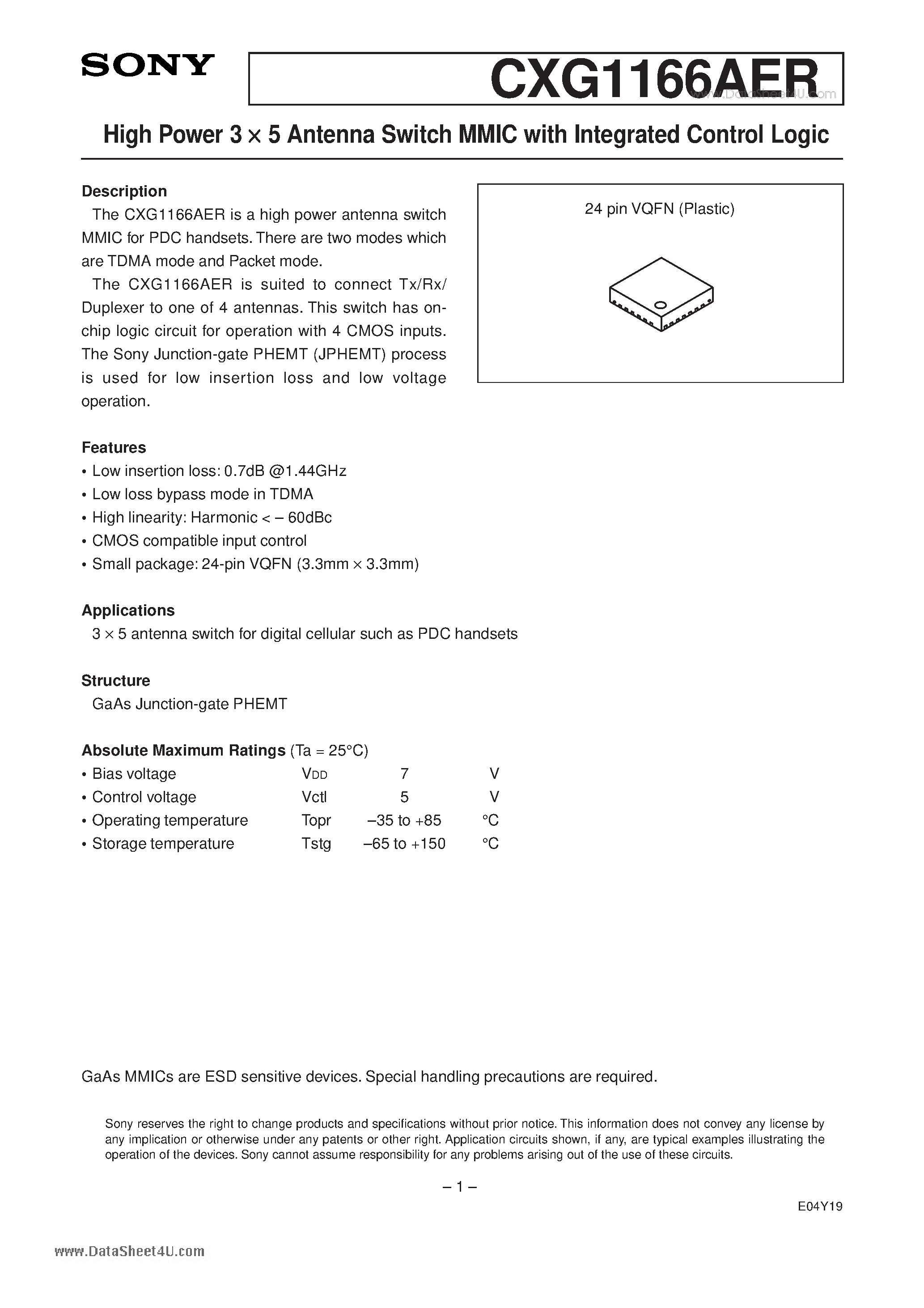 Datasheet CXG1166AER page 1 Datasheet CXG1166AER - High Power 3 x 5 Antenna Switch MMIC page 1